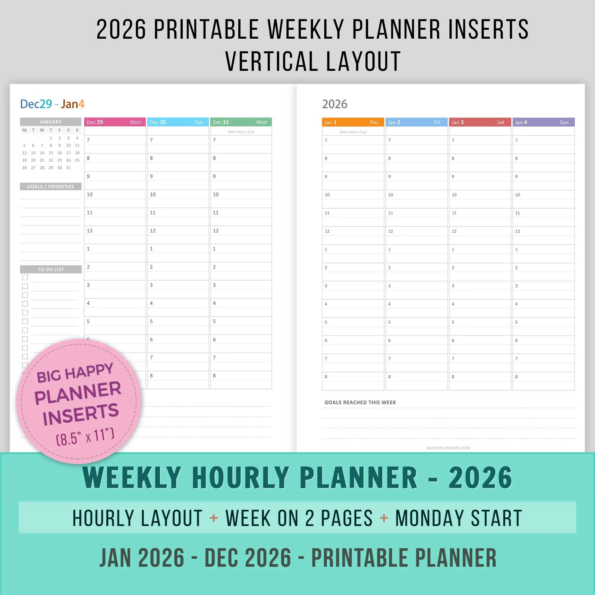 2026 Vertical Weekly Planner Printable Big Happy Planner Inserts Week On 2 Pages Dated With Time Slots WO2P MAMBI Inserts Monday Start Etsy