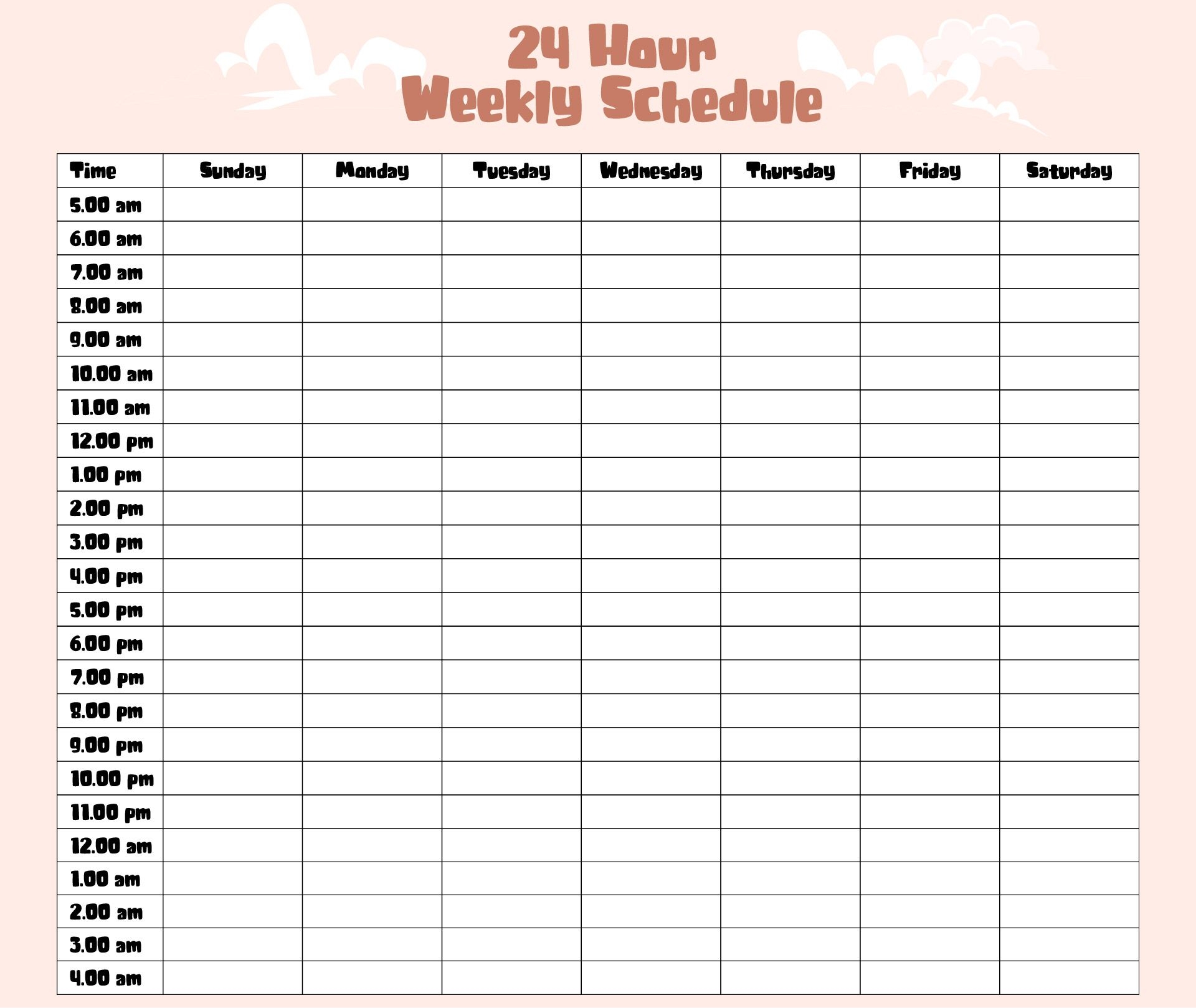 Free Printable 24-Hour Daily Schedule Free Printable 24-Hour Daily Schedule
