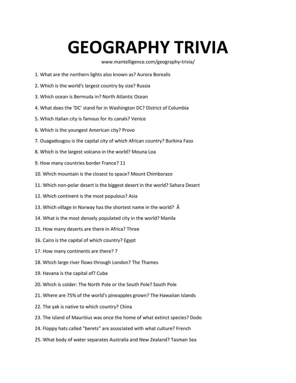 Geography Trivia Quiz Printable