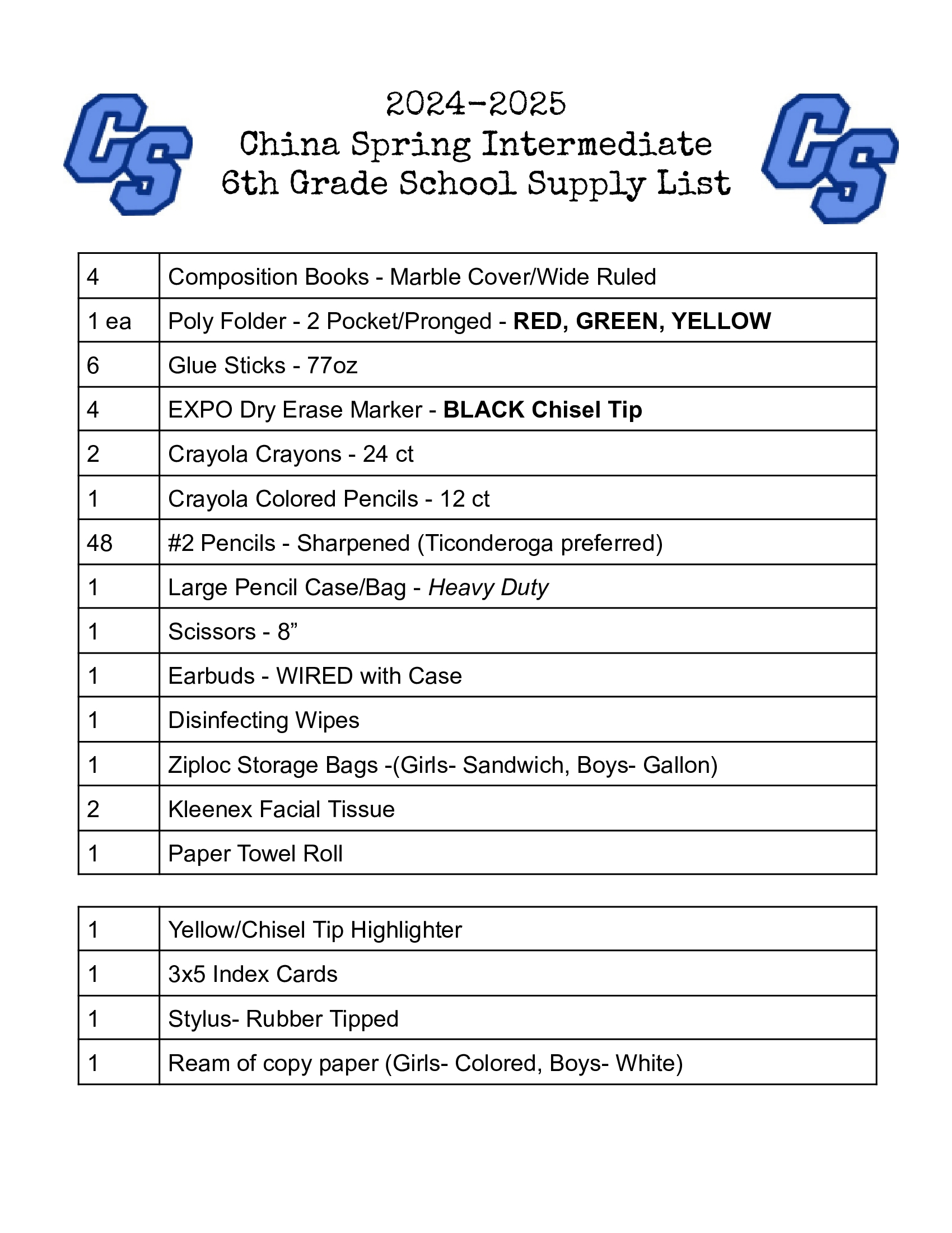 6th Grade Supply List China Spring Intermediate School