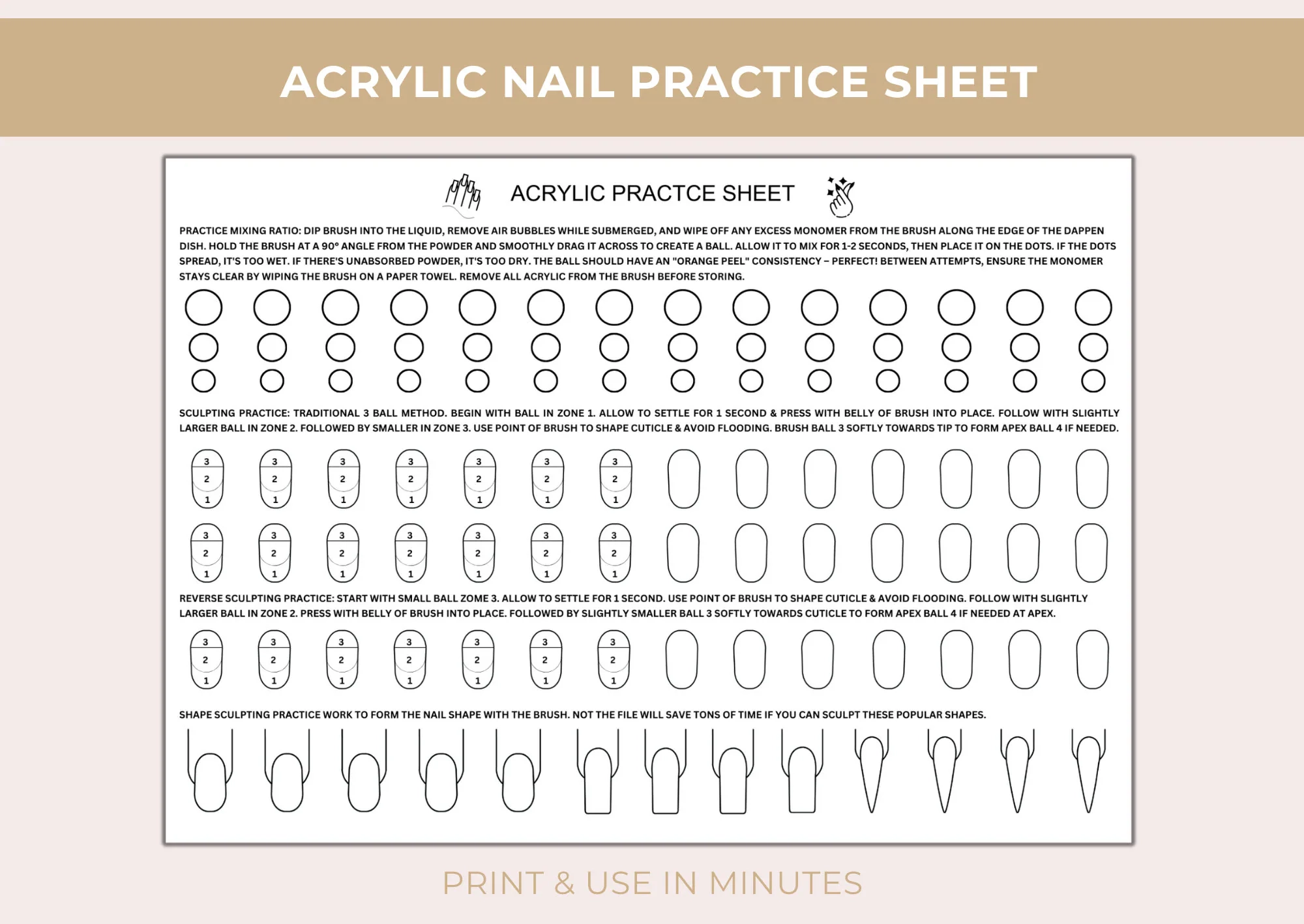 Acrylic Nail Practice Sheet Mix Ratio Sculpting Guide PDF Download Etsy