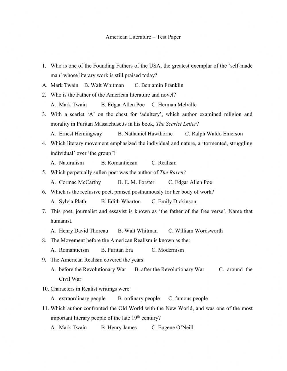 American Literature Short Quiz Worksheet Live Worksheets Worksheets Library