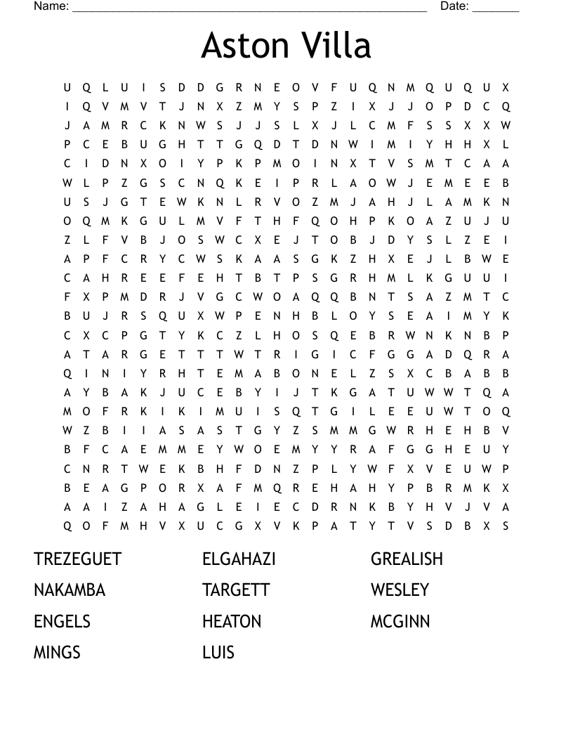Aston Villa Word Search WordMint Aston Villa Word Search WordMint