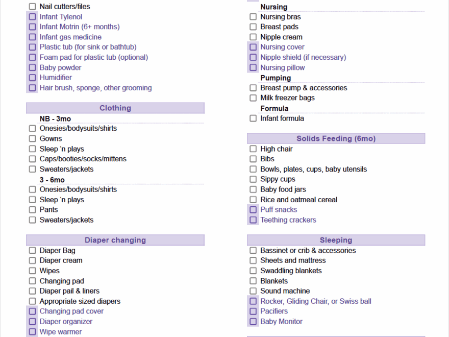 Baby Items Checklist Templates