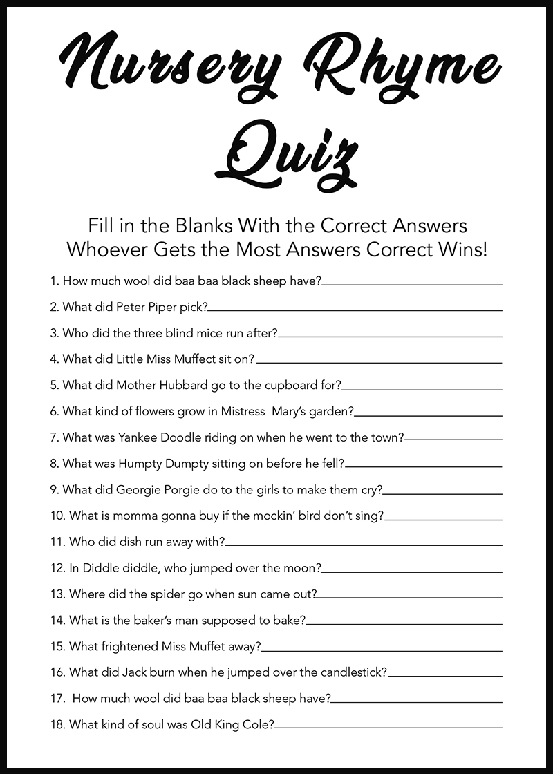 Nursery Rhyme Quiz Printable For Girls
