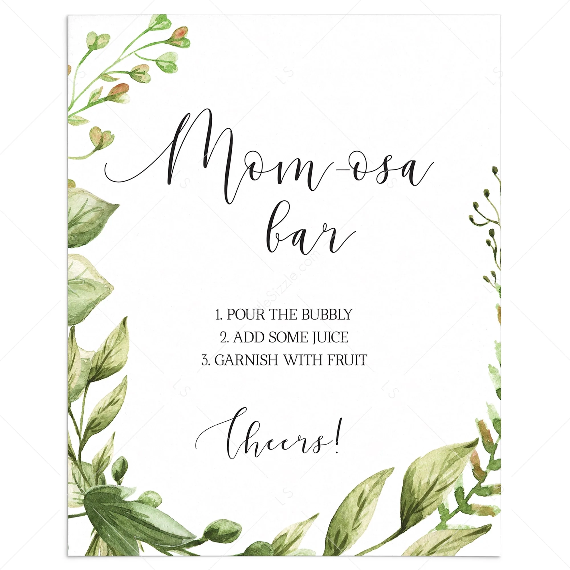 Baby Shower Momosa Bar Sign Printable Greenery Instant Download LittleSizzle