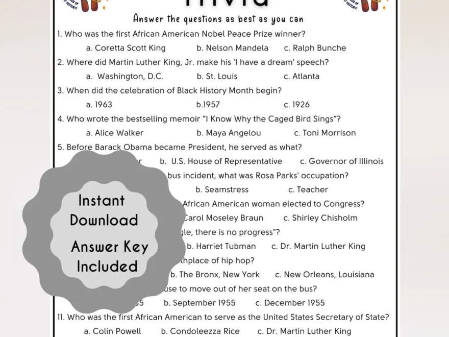 Black History Month Trivia Game Fun School Quiz printable PDF Etsy