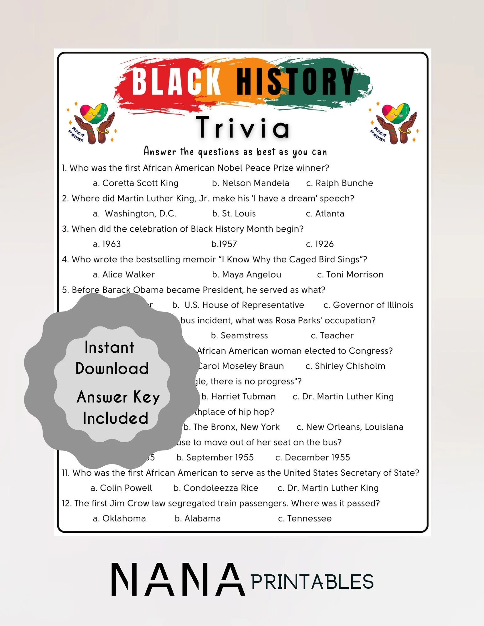 Black History Month Trivia Game Fun School Quiz printable PDF Etsy