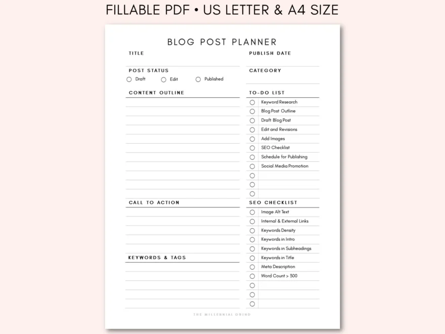 Blog Post Planner Blogging Planner Blog Post Checklist Template Fillable PDF Printable Worksheet US Letter And A4 Etsy
