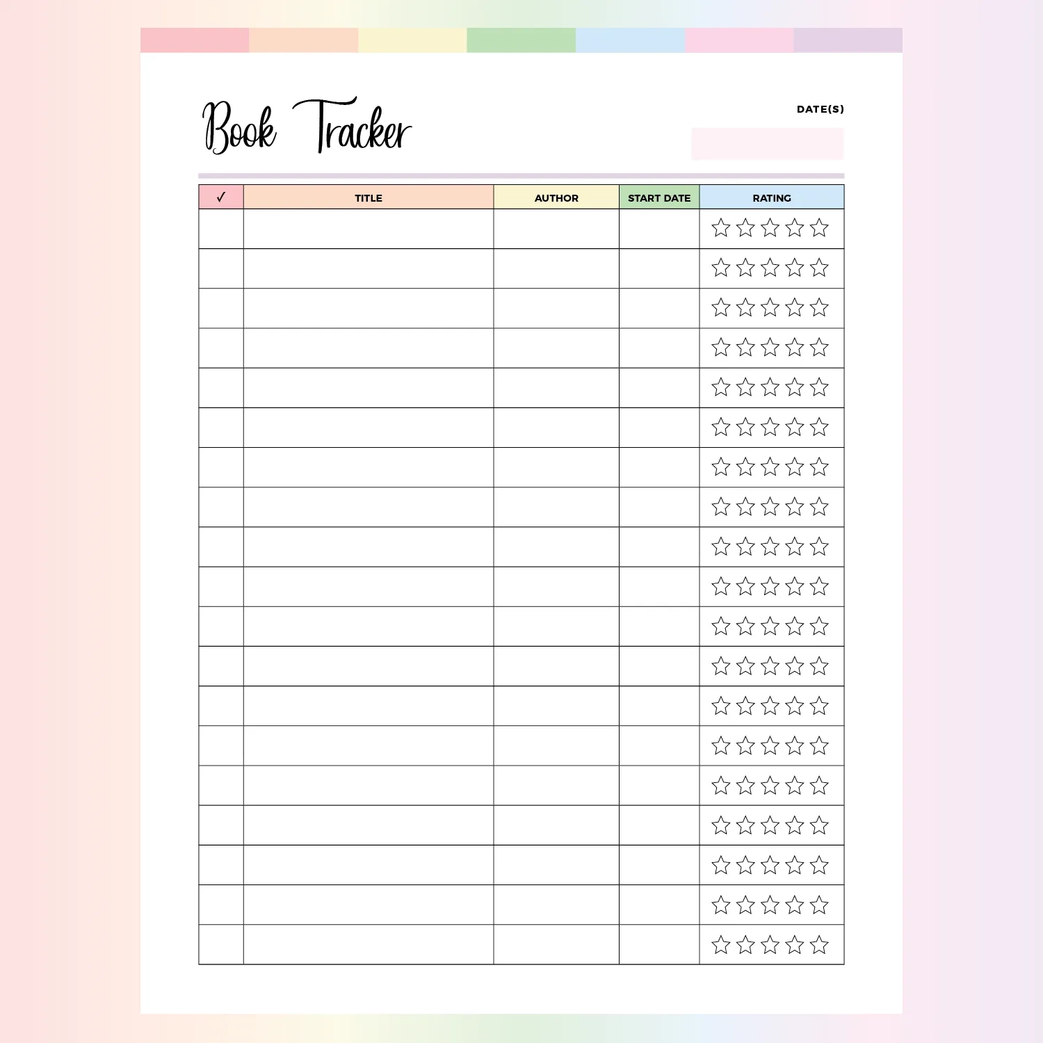 Free Printable Reading List In Colors Free Printable Reading List In Colors