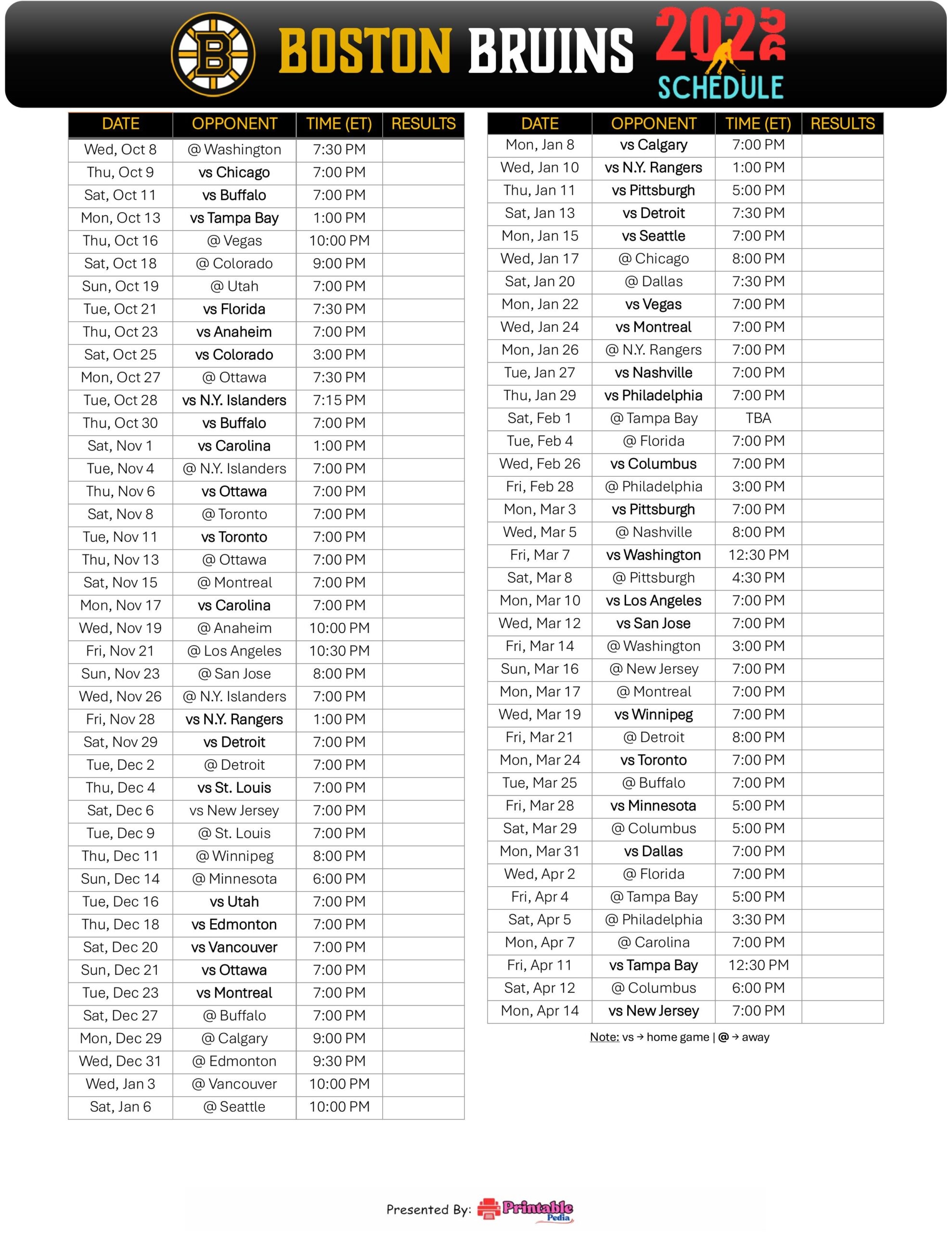Boston Bruins Schedule 2025 2026 Free Printable PDF