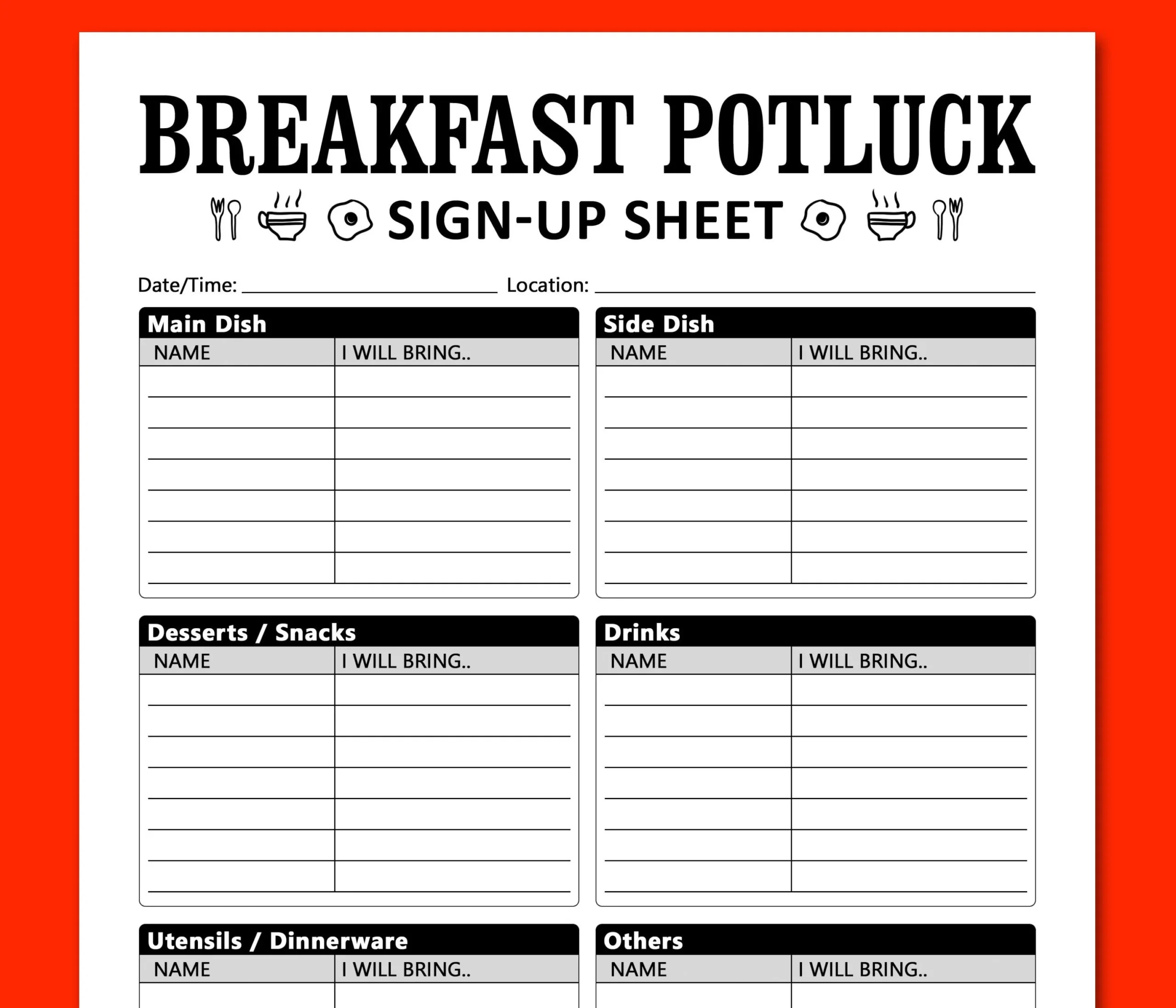 Breakfast Potluck Sign Up Sheet Printable Template Morning Celebration Gathering Friends Party Food Signup Instant Download Letter A4 Etsy