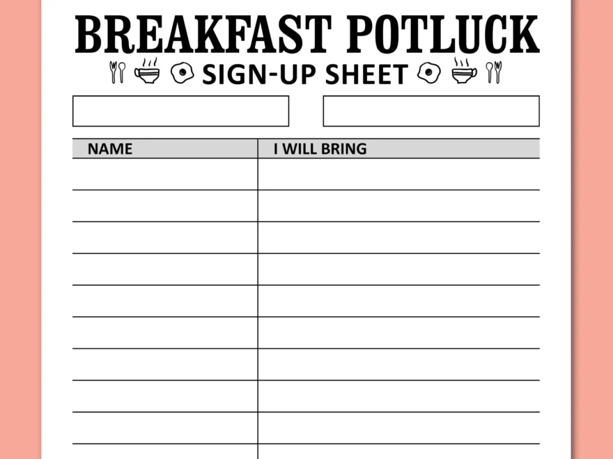 Breakfast Potluck Sign Up Sheet Printable Template Morning Celebration Gathering Friends Party Food Signup Instant Download Letter A4 Etsy