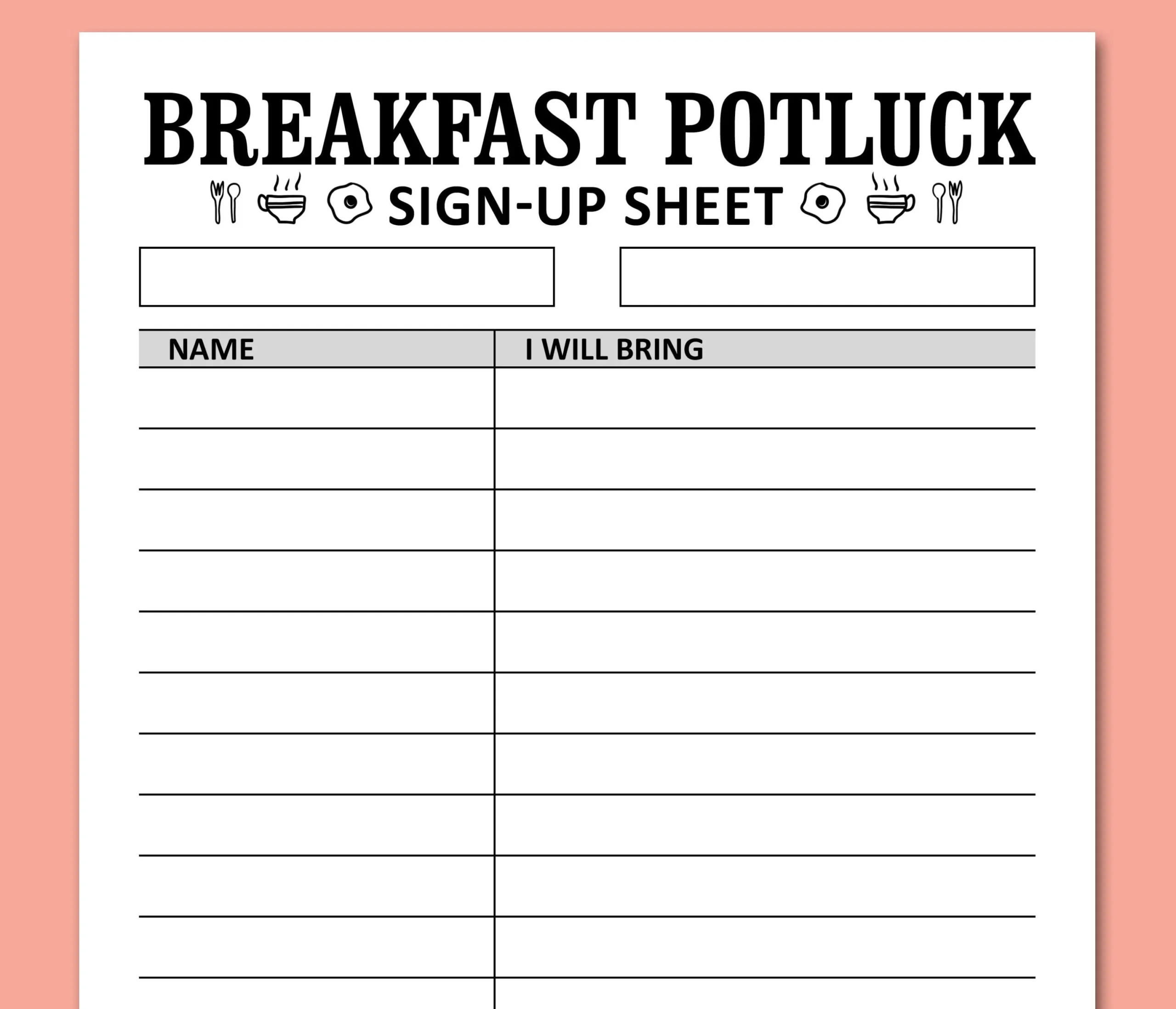 Breakfast Potluck Sign Up Sheet Printable Template Morning Celebration Gathering Friends Party Food Signup Instant Download Letter A4 Etsy