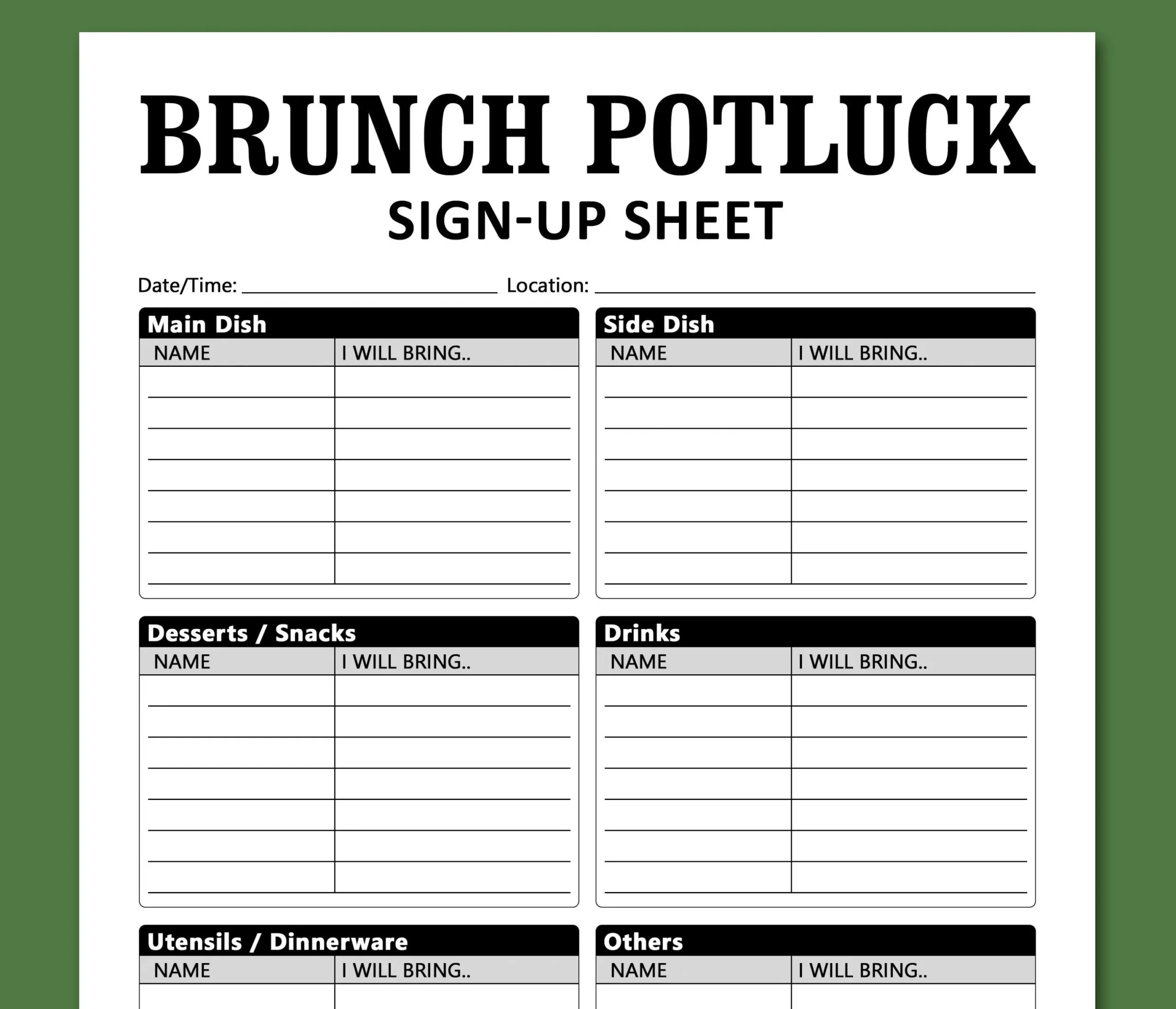 Printable Breakfast Potluck Sign Up