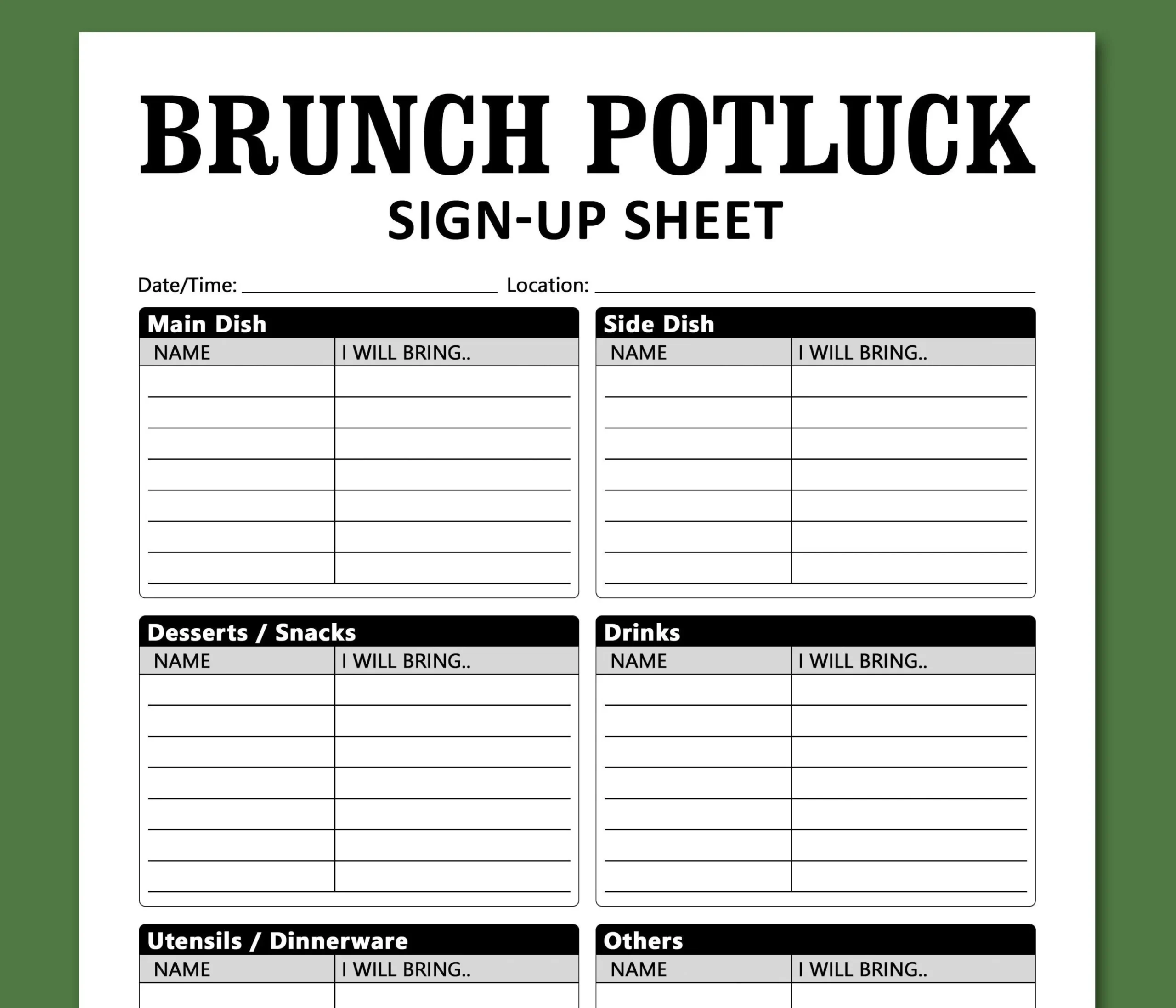 Breakfast Potluck Sign Up Sheet Printable