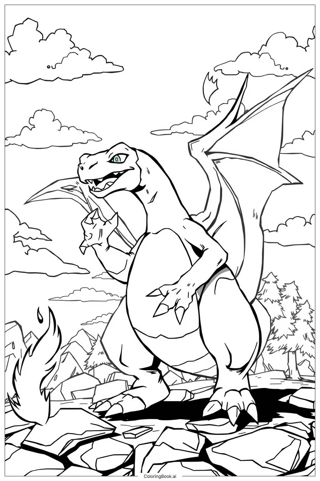 Charizard Standing With Wings Open 2 Coloring Page Free PDF PNG Printable 