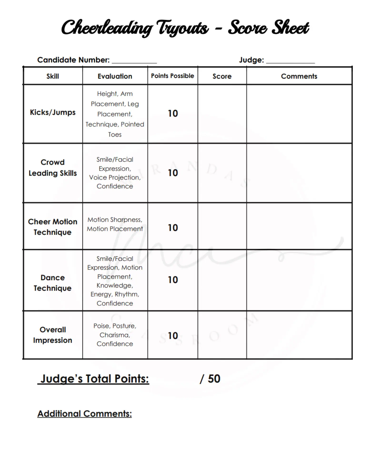 Cheerleading Tryouts Score Sheet Etsy