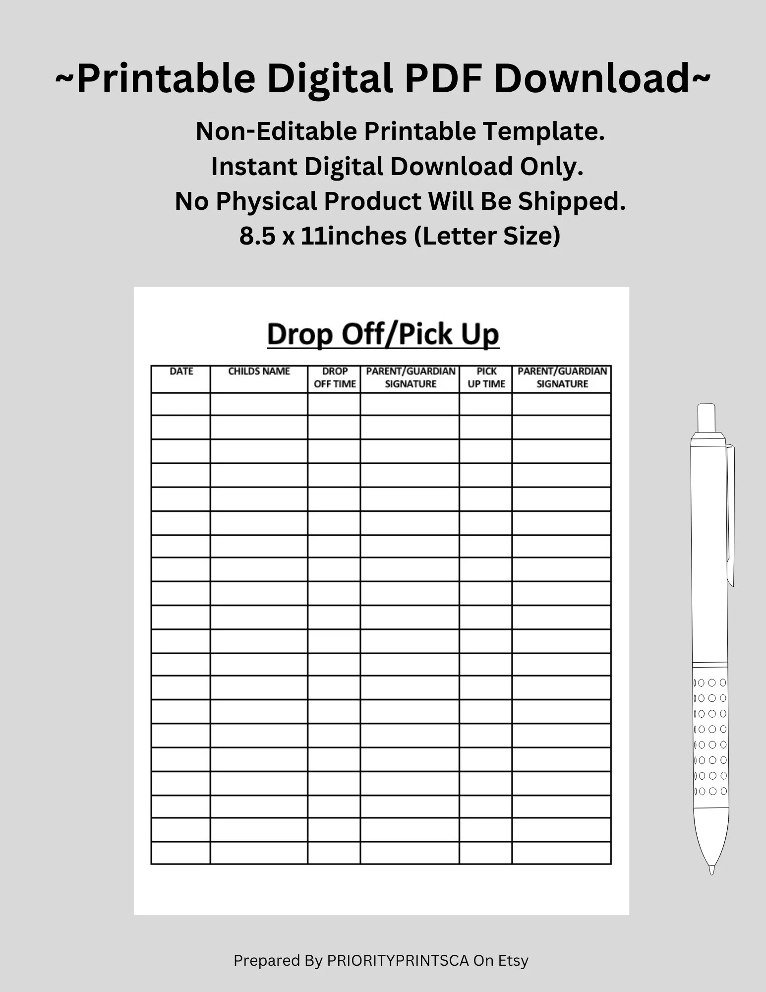 Child Drop Off pick Up Sheet Daycare Camps Summer Camp Printable US Letter Size Digital Download Etsy