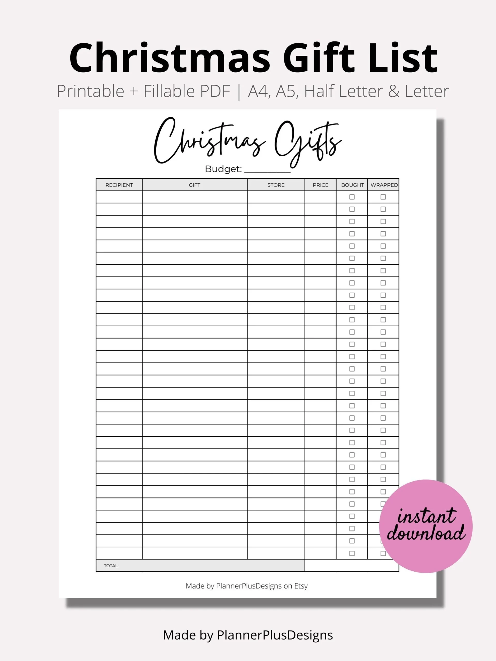 Christmas Gift List Gift Tracker Christmas Gift Planner Christmas Shopping List Gift Planner INSTANT Download PDF A4 A5 Half LETTER Etsy