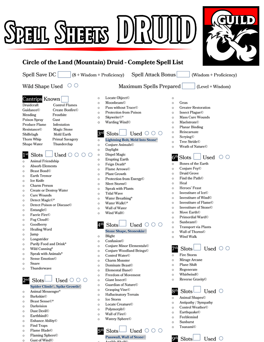 Class Specific Spell Sheets Druid V1 6 EE UA XGtE TCoE Dungeon Masters Guild DriveThruRPG