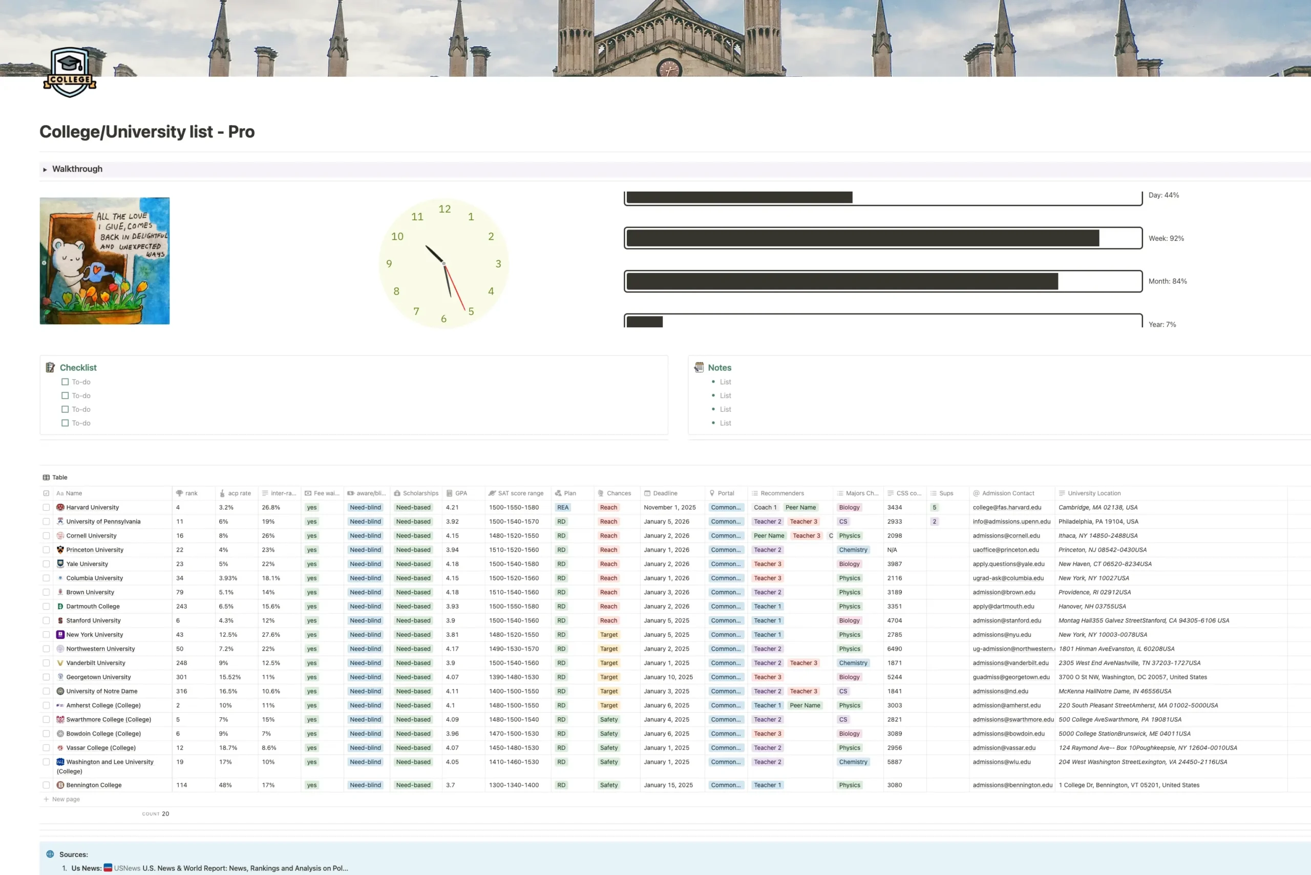 College University List Pro Version Template Notion Marketplace