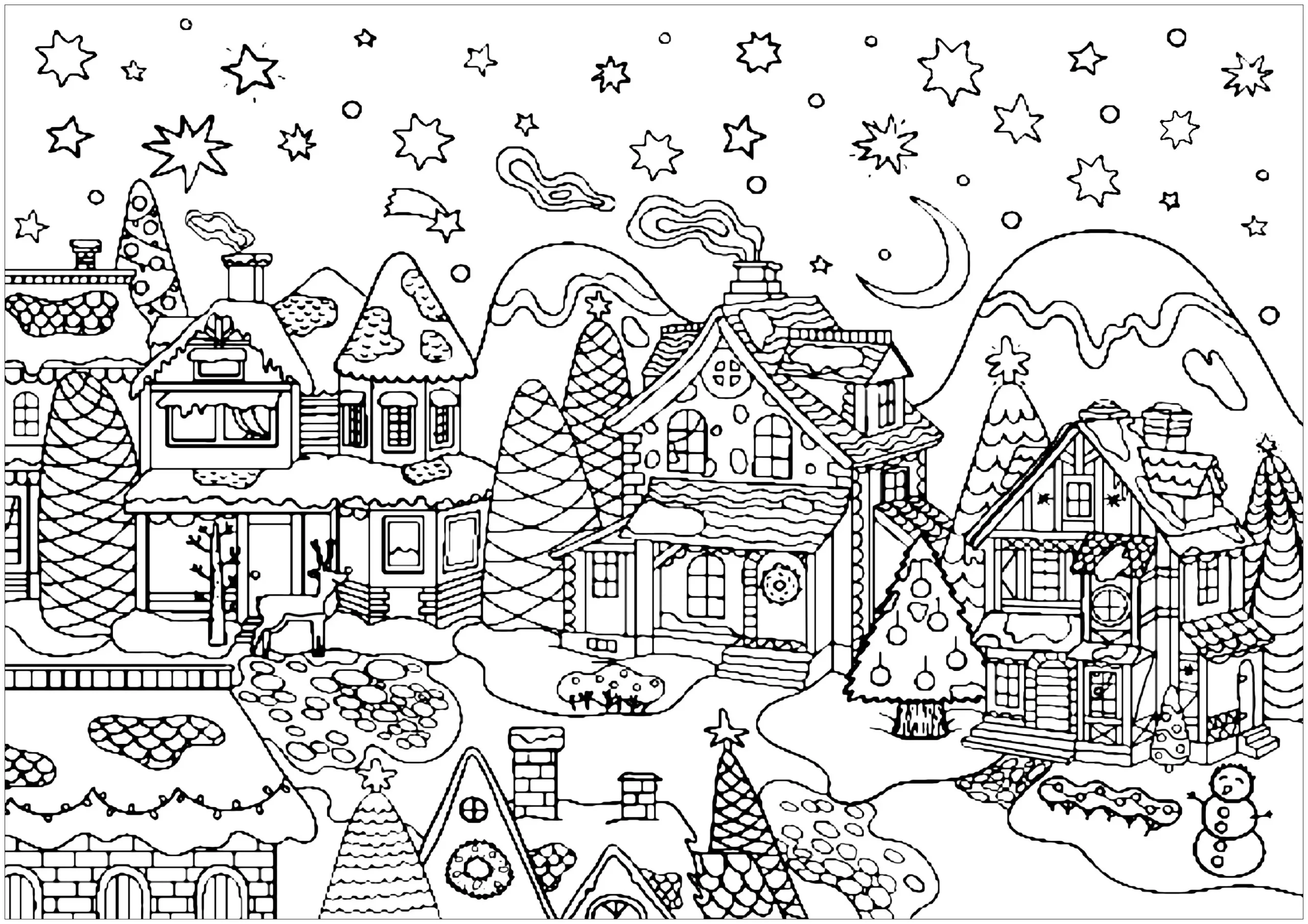 Christmas Village Printable Coloring Sheet