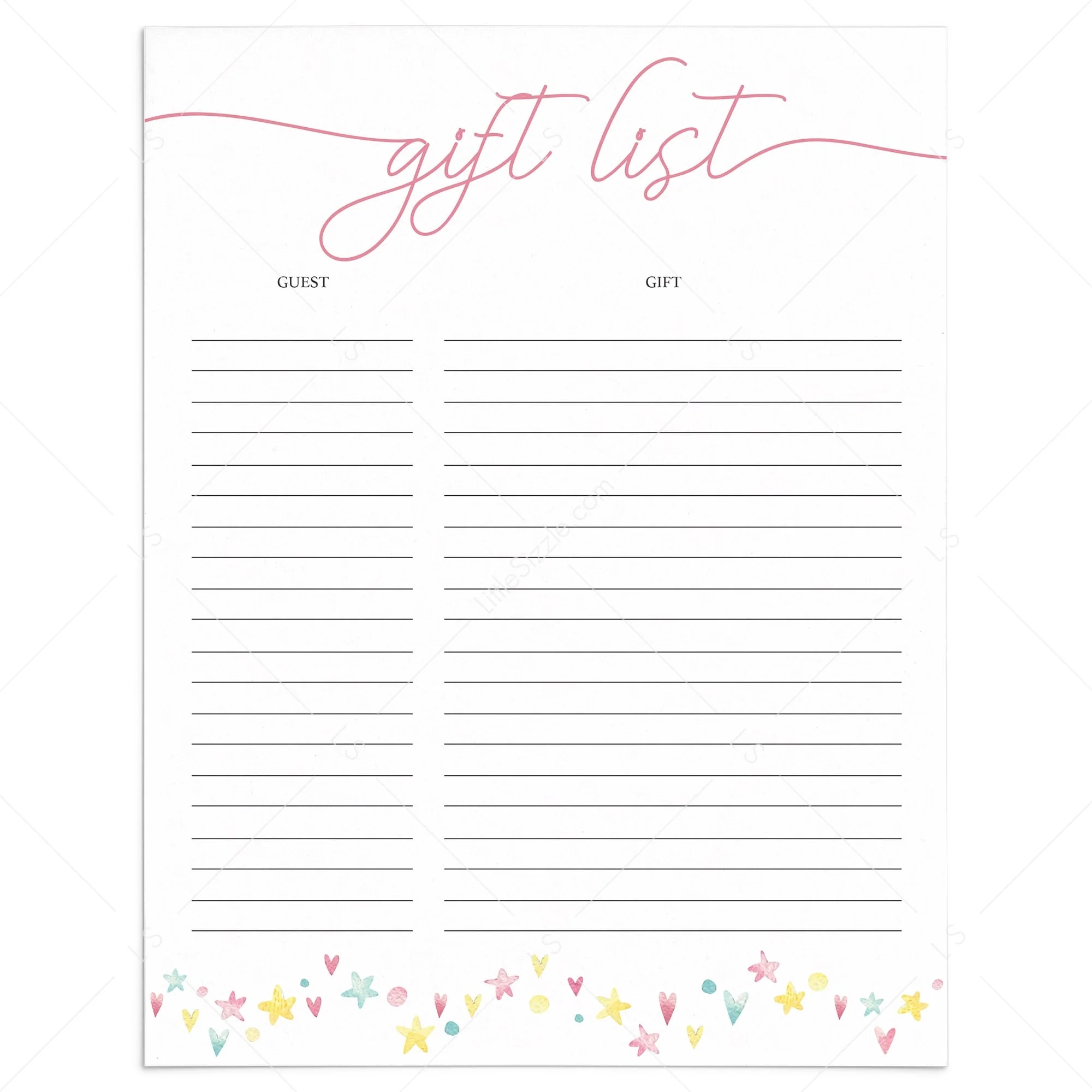 Cute Printable Gift List With Pink And Yellow Stars Pink Shower Printables LittleSizzle