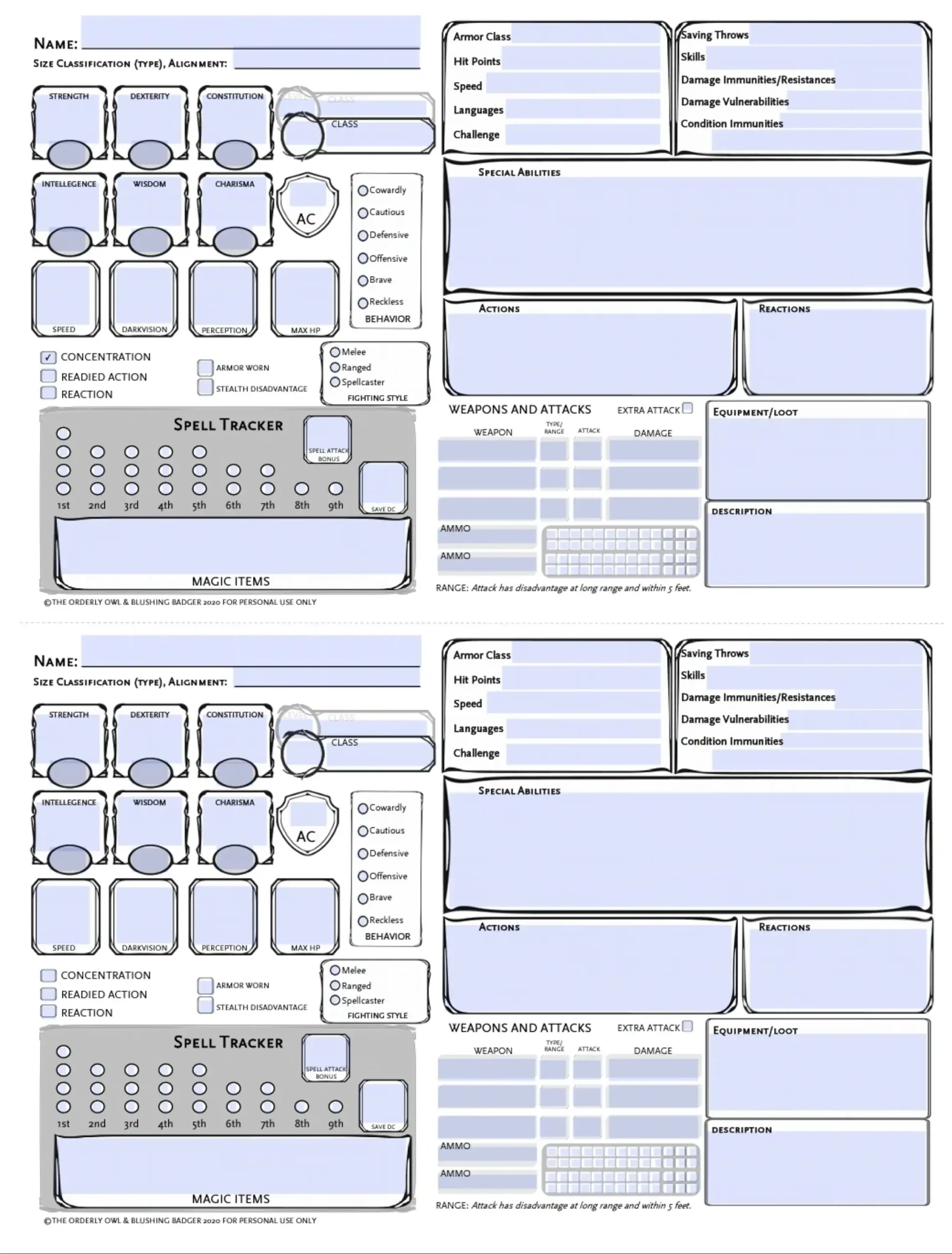 Dnd Printable Monster Sheet