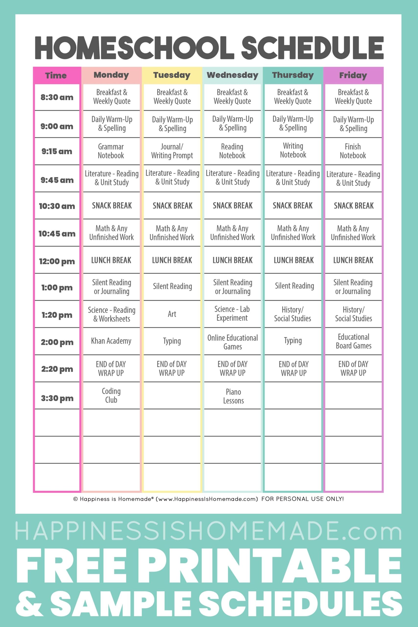 Homeschool Schedule Free Printable