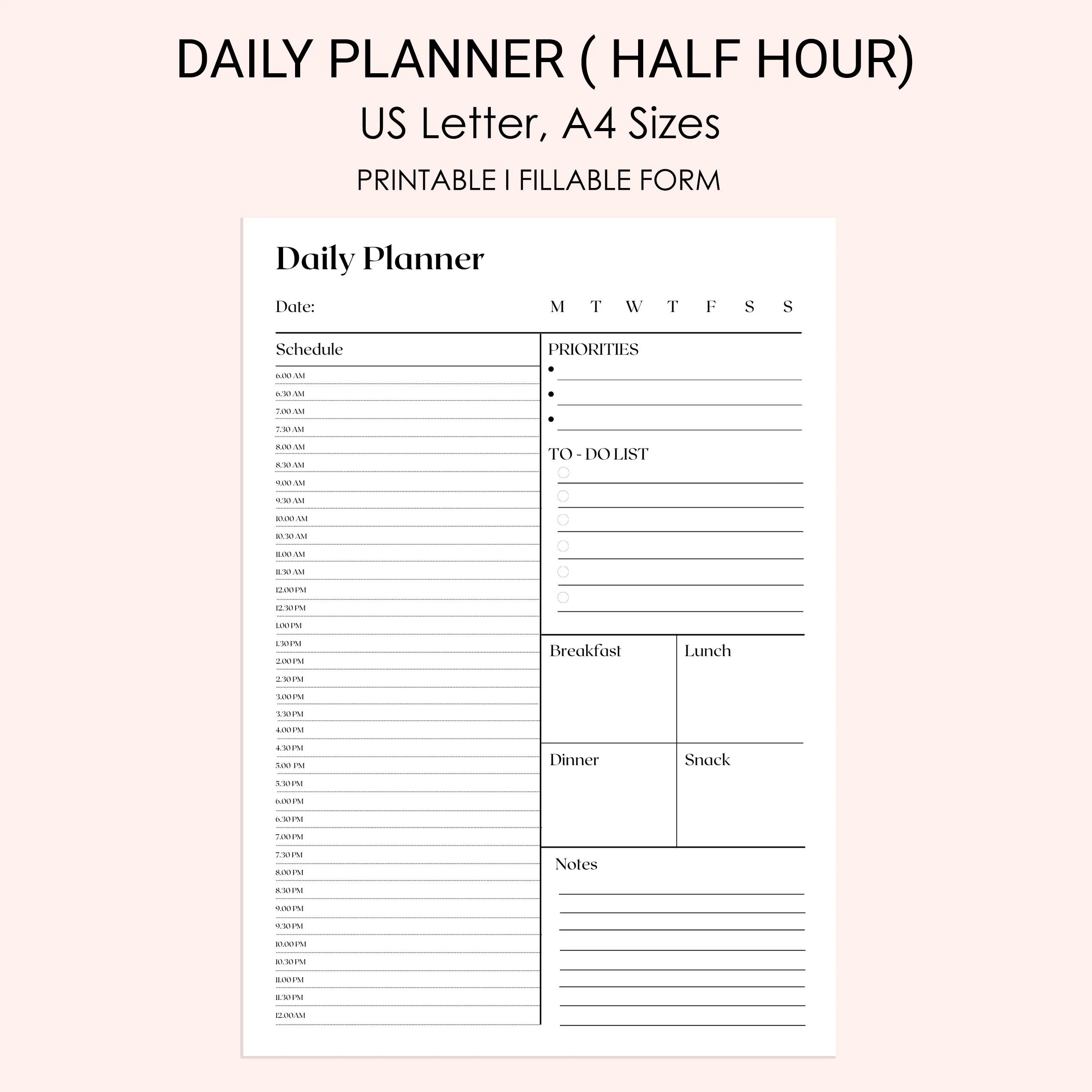 Daily Planner half hour Schedule Routine I Hourly Planner I Daily Calendar Daily Schedule To do List Fillable PDF Printables Etsy