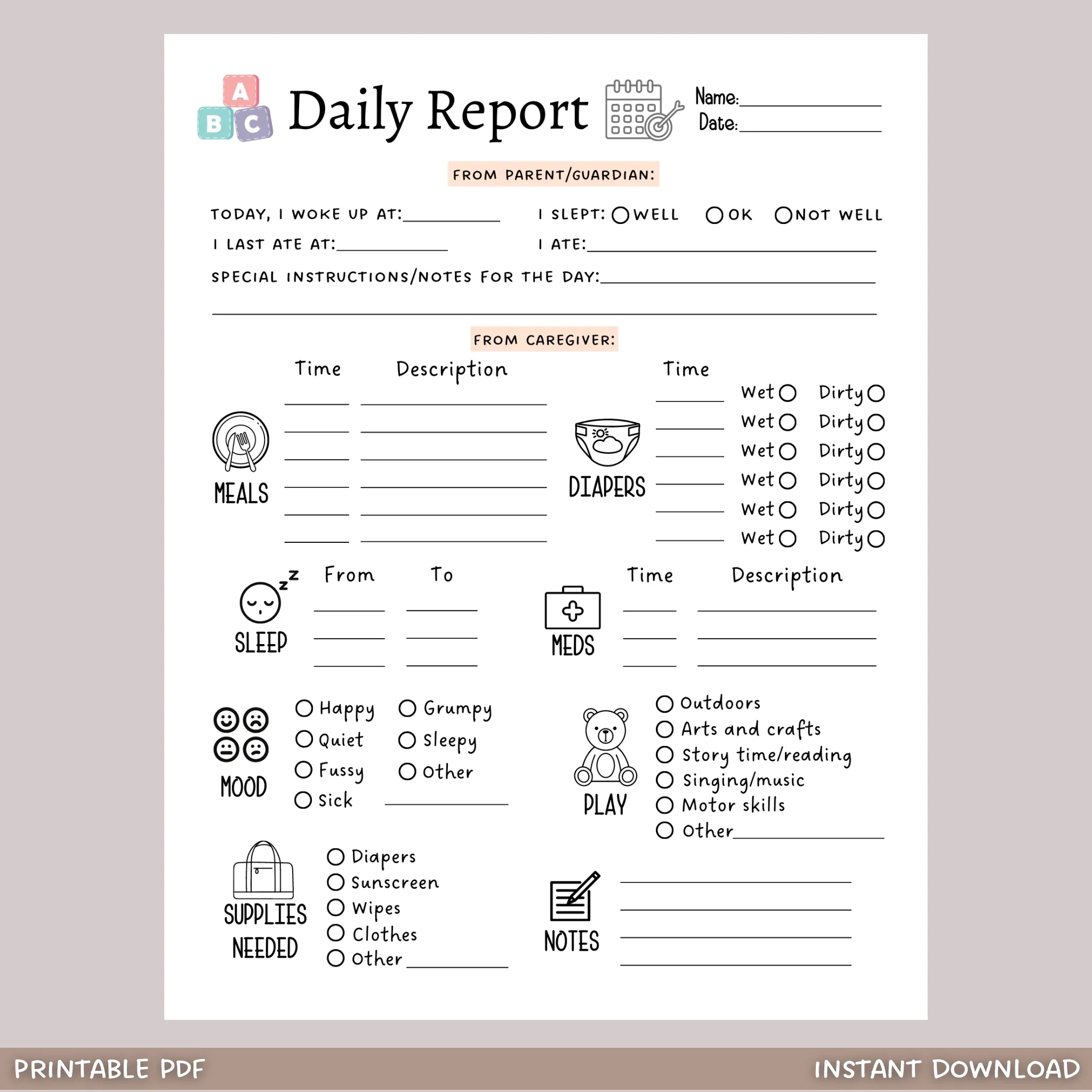 Printable Infant Daily Report Sheets Free