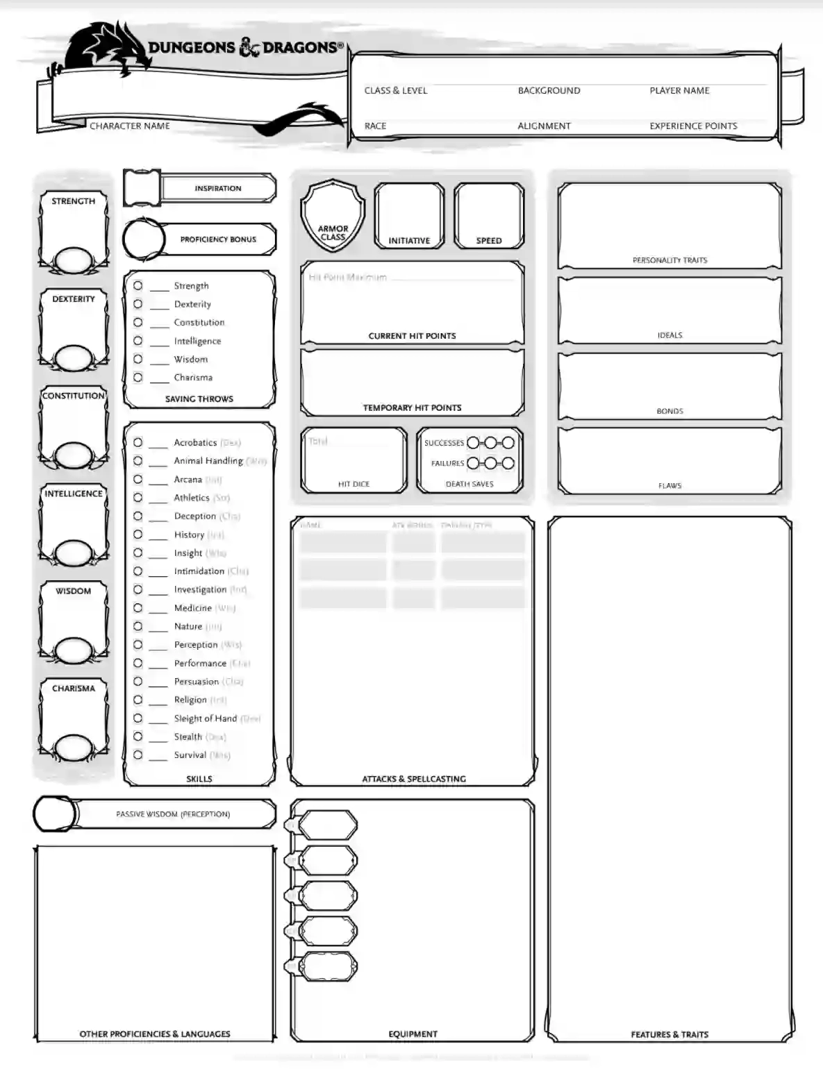 D&D 5e Printable Character Sheet Two-Sided D&D 5e Printable Character Sheet Two-Sided