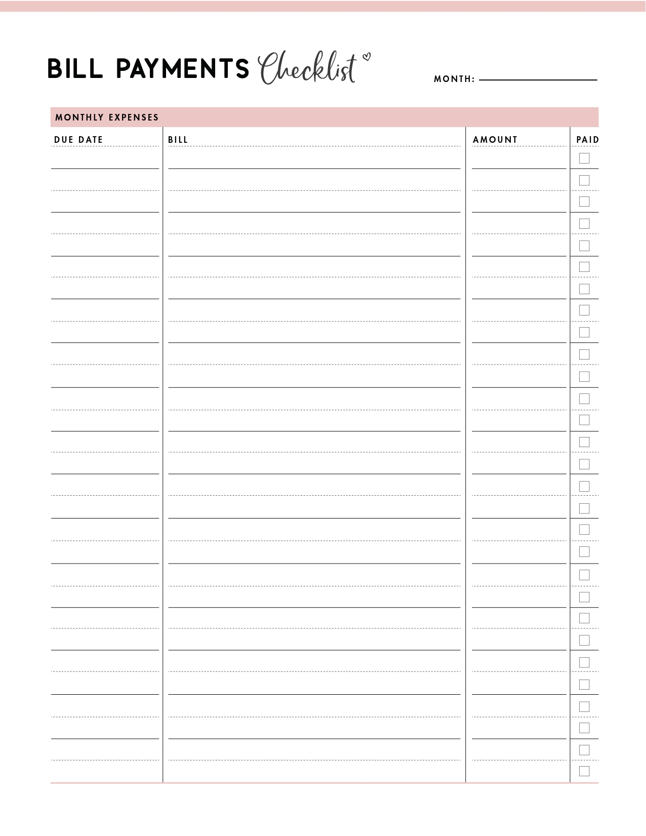 Download Printable Bill Checklist PDF World Of Printables