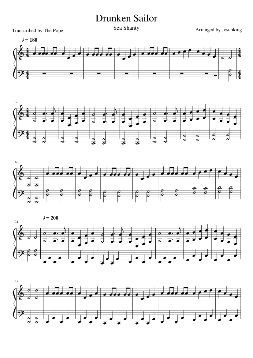 Drunken Sailor Free Printable Sheet Music