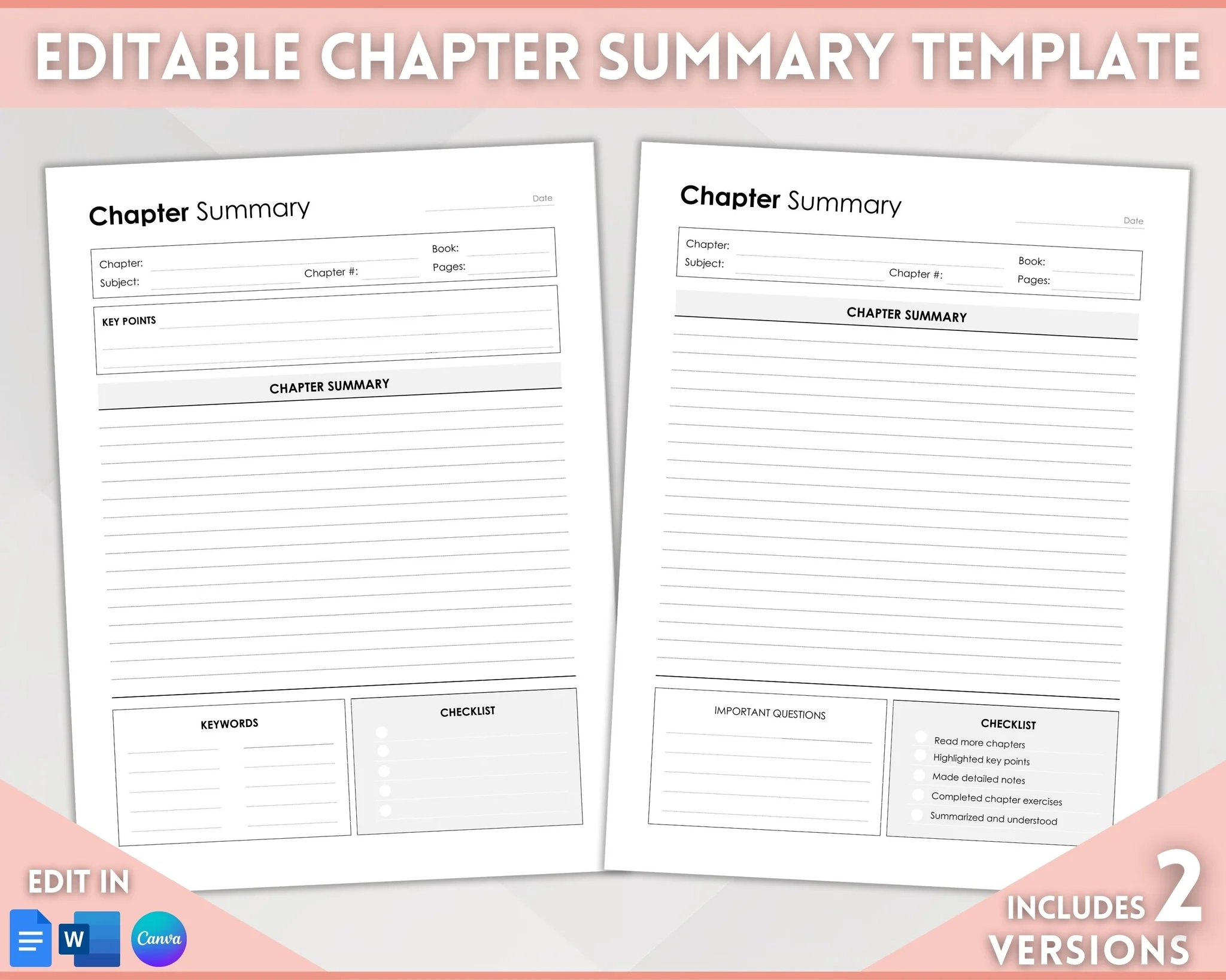 Editable Chapter Summary Template College Outline Study Guide