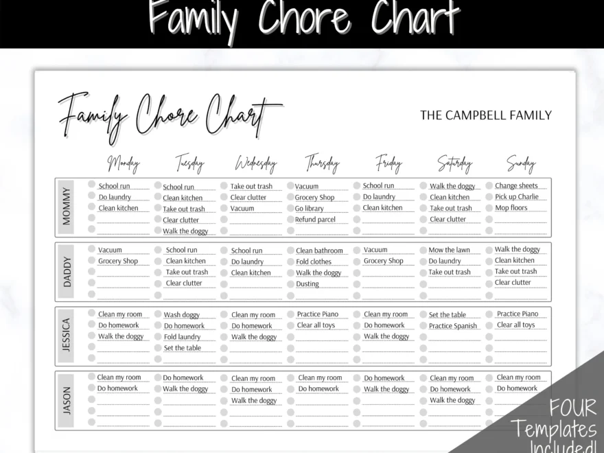 Editable Family Chore Chart Planner Printable Templates Mono
