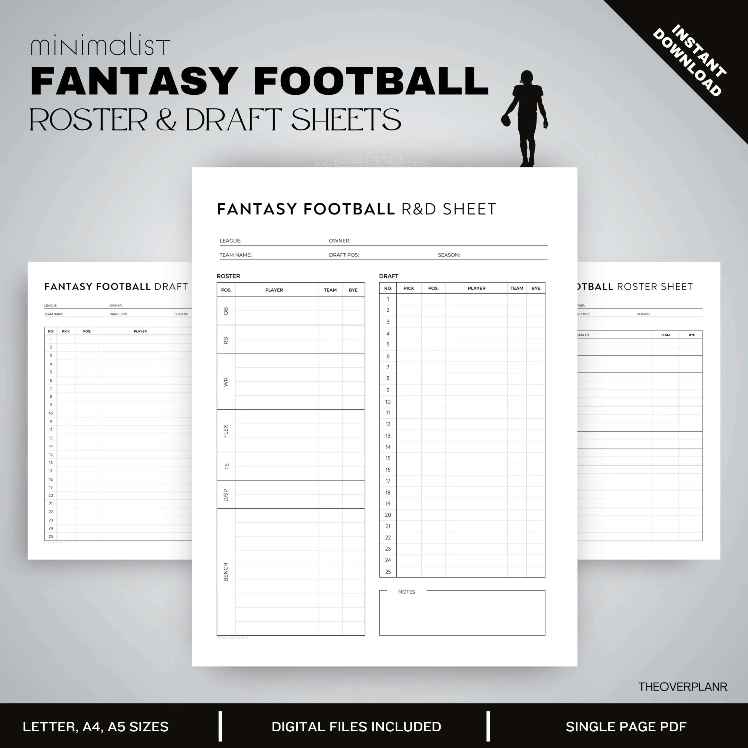 Fantasy Football Draft Kit Printable Roster Cheat Sheet digital Download US Letter a4 a5 ipad Template Etsy