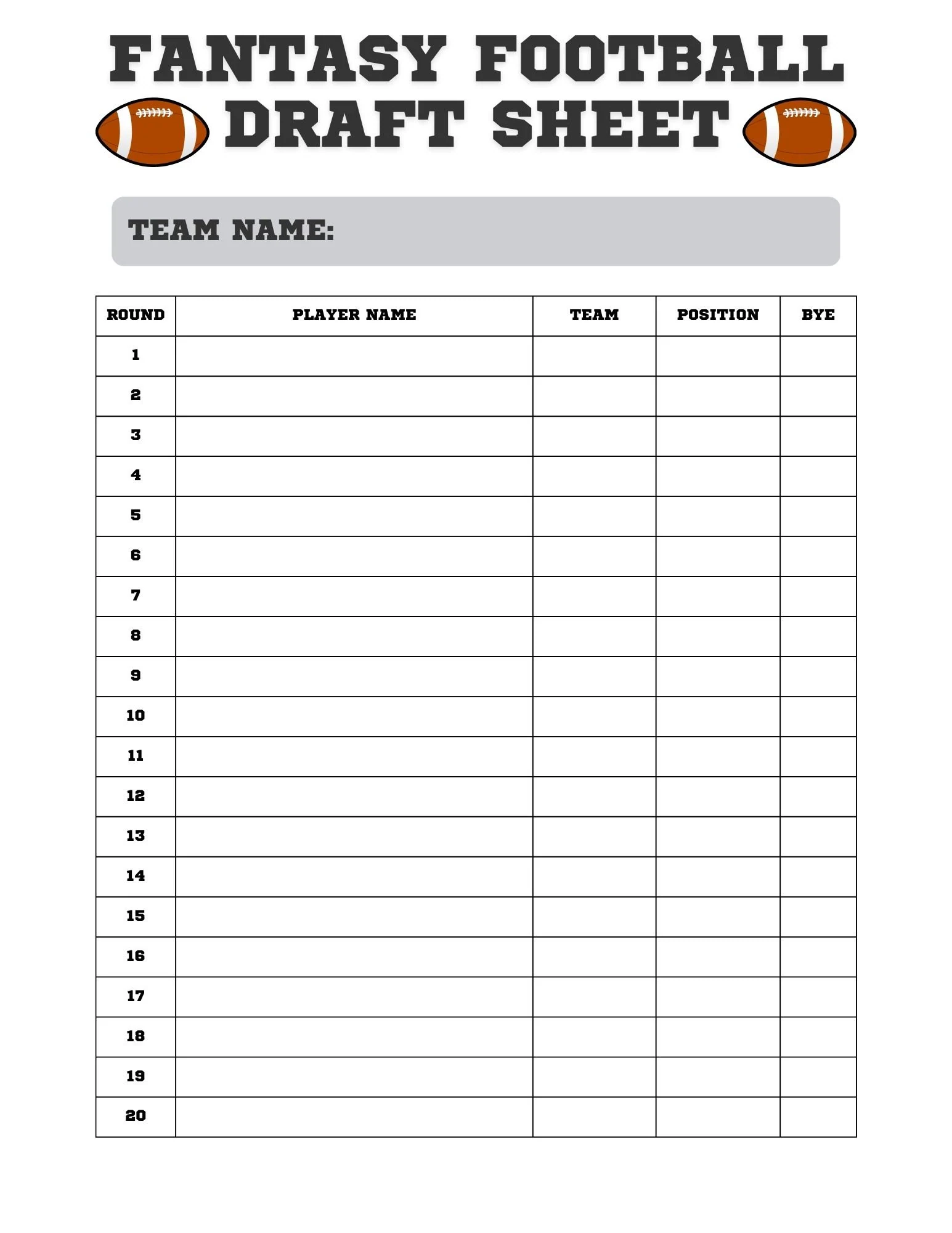 Fantasy Football Draft Sheet Printable Draft Day Kit digital Download Etsy