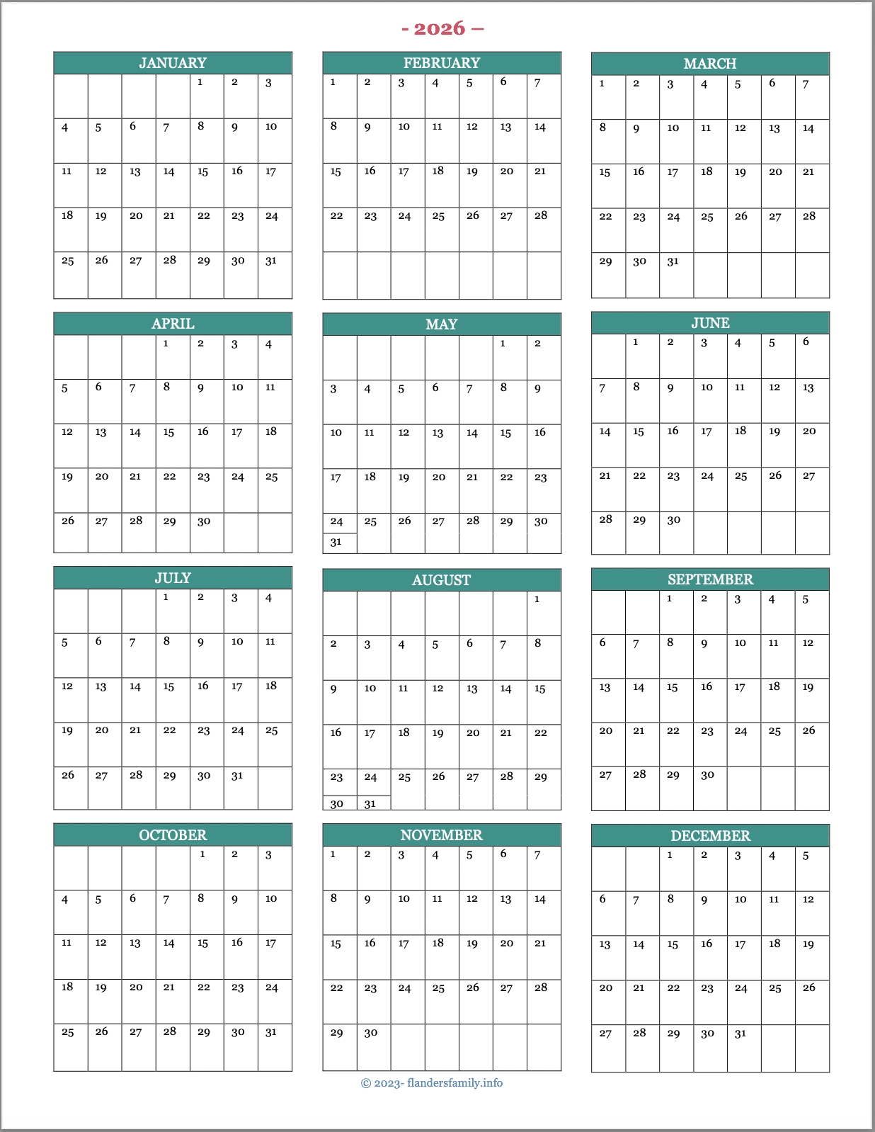 Planner Calendar 2026 Printable Rentals