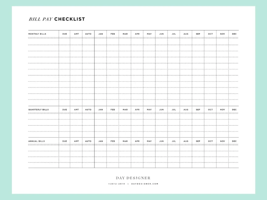 Free Bill Tracker Printable Day Designer