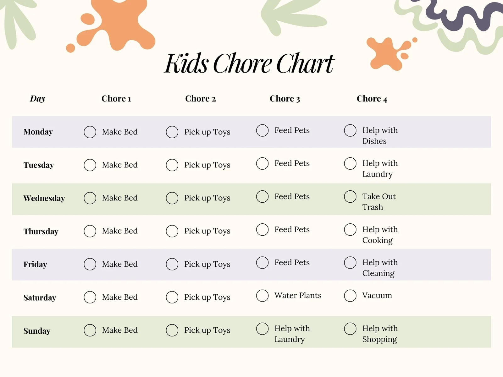 Free Customizable Chore Chart Templates To Print Canva