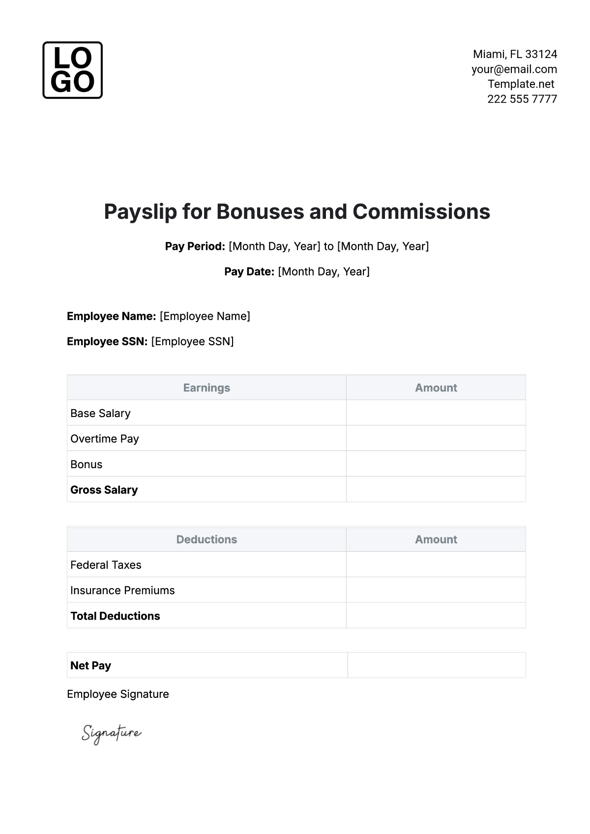 Free Payslip For Bonuses And Commissions Template To Edit Online
