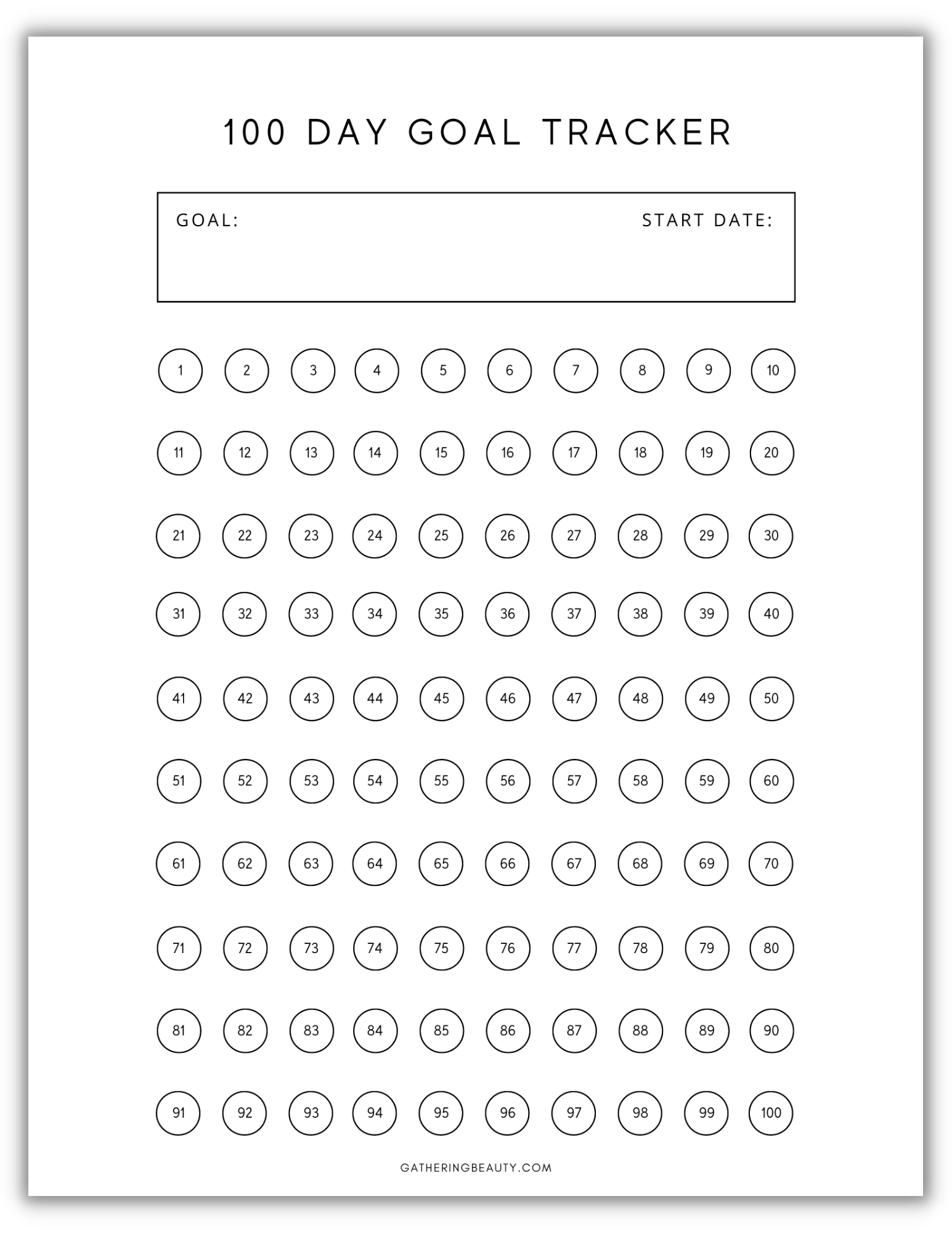 Free Printable 100 Day Goal Tracker Gathering Beauty