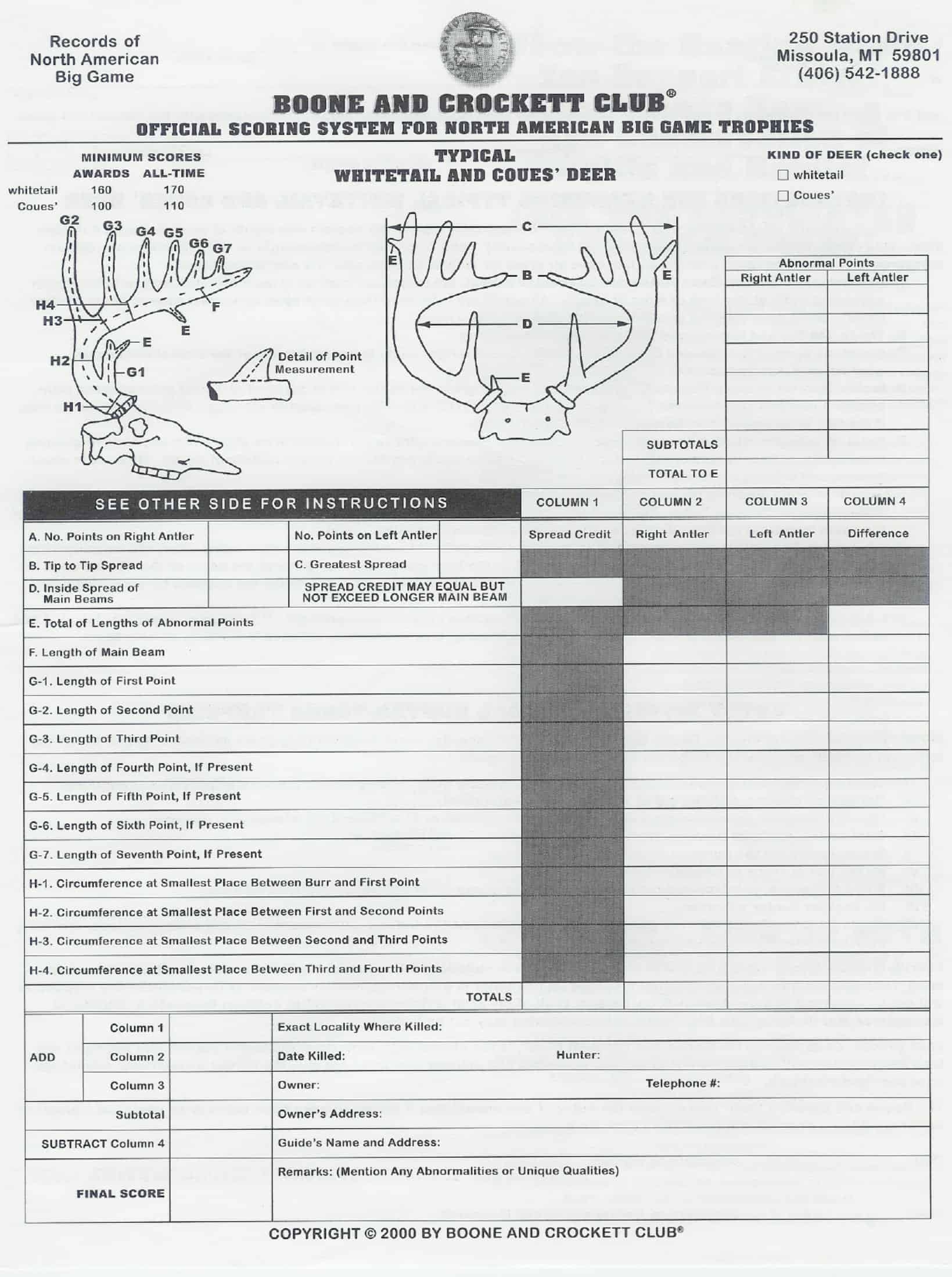 Free Printable Boone And Crockett Score Sheet PDF Mule Deer