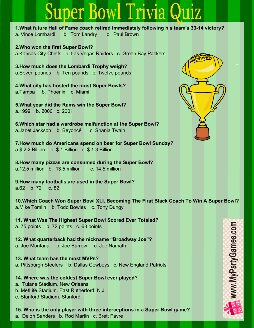 Free Printable Football Super Bowl Trivia Quiz Free Printable Football Super Bowl Trivia Quiz