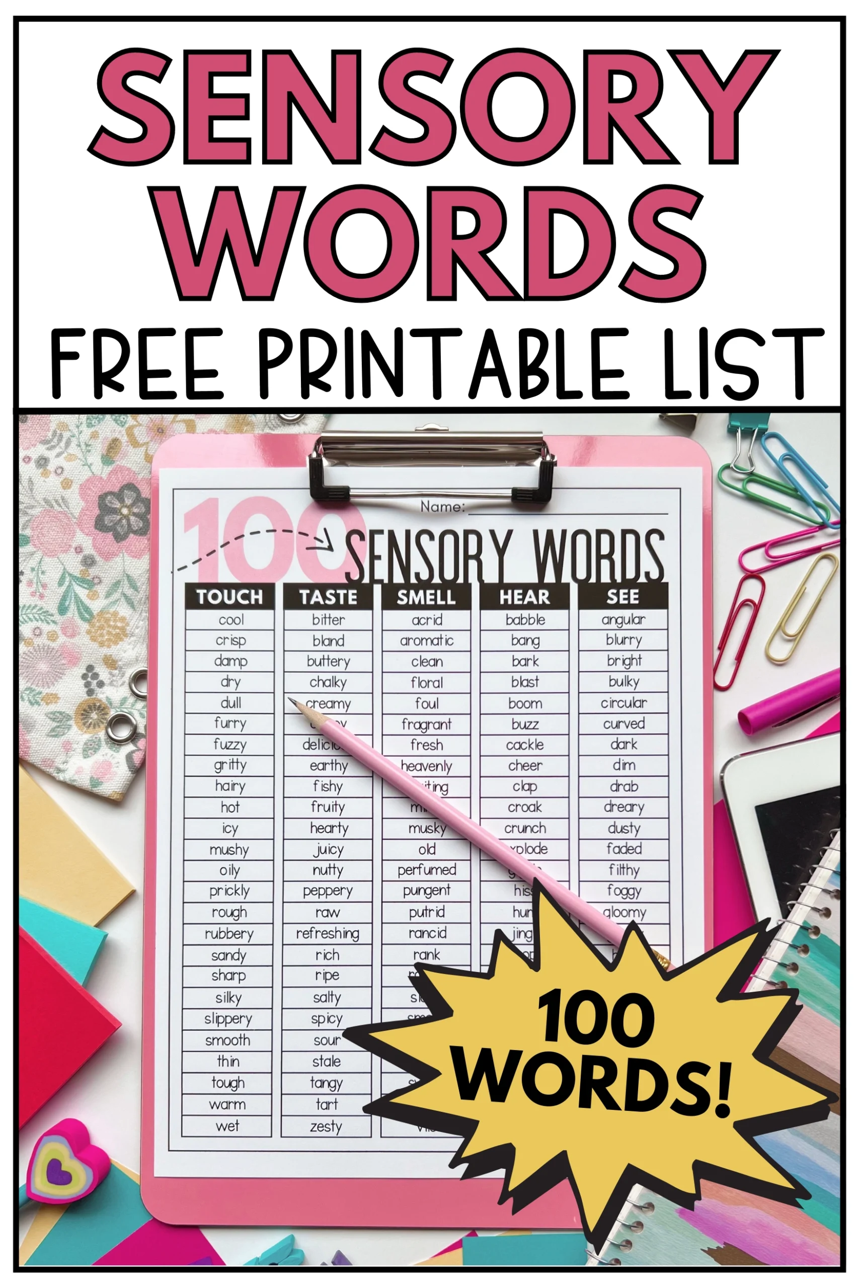 Free Printable PDF 100 Sensory Words List Literacy In Focus