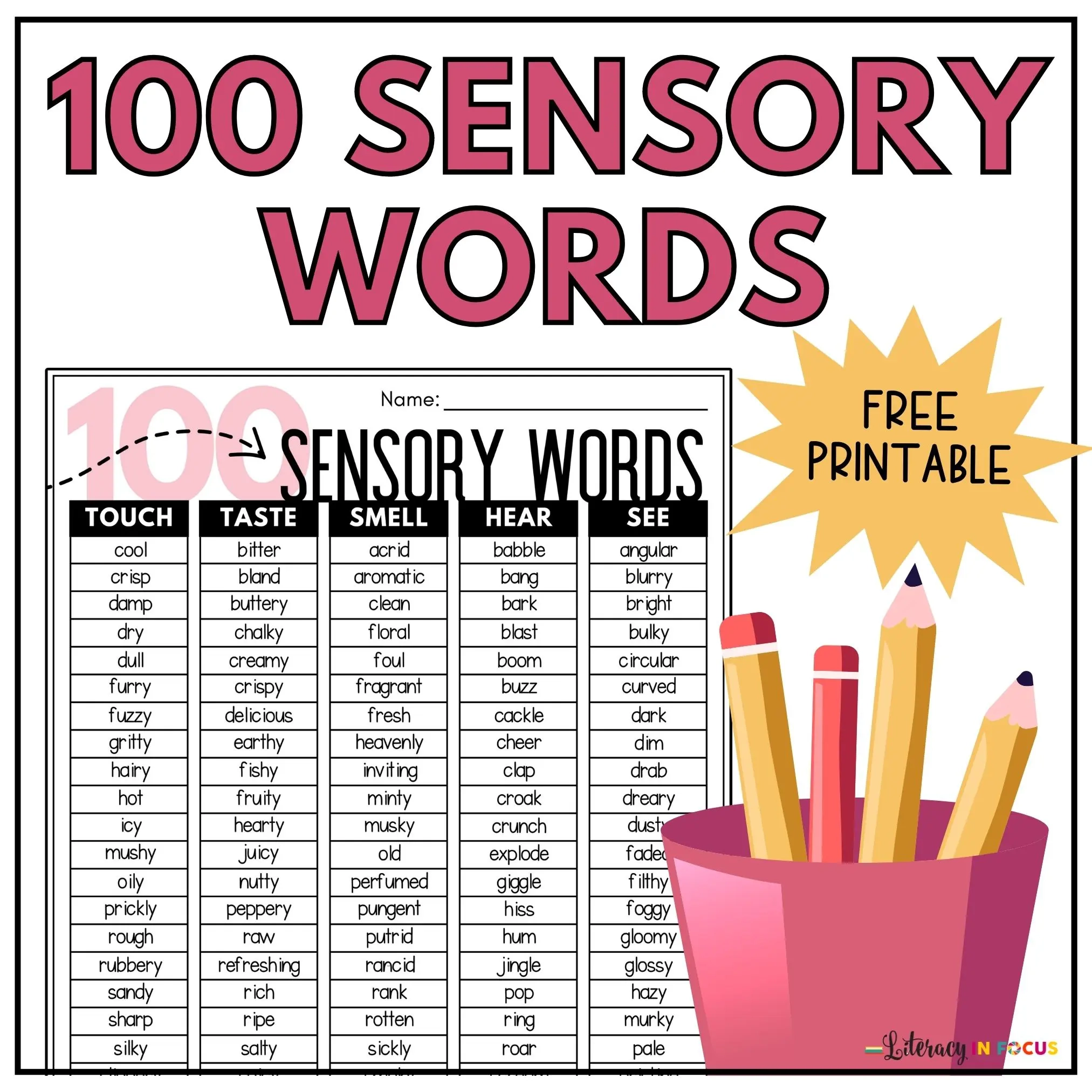Free Printable PDF 100 Sensory Words List Literacy In Focus