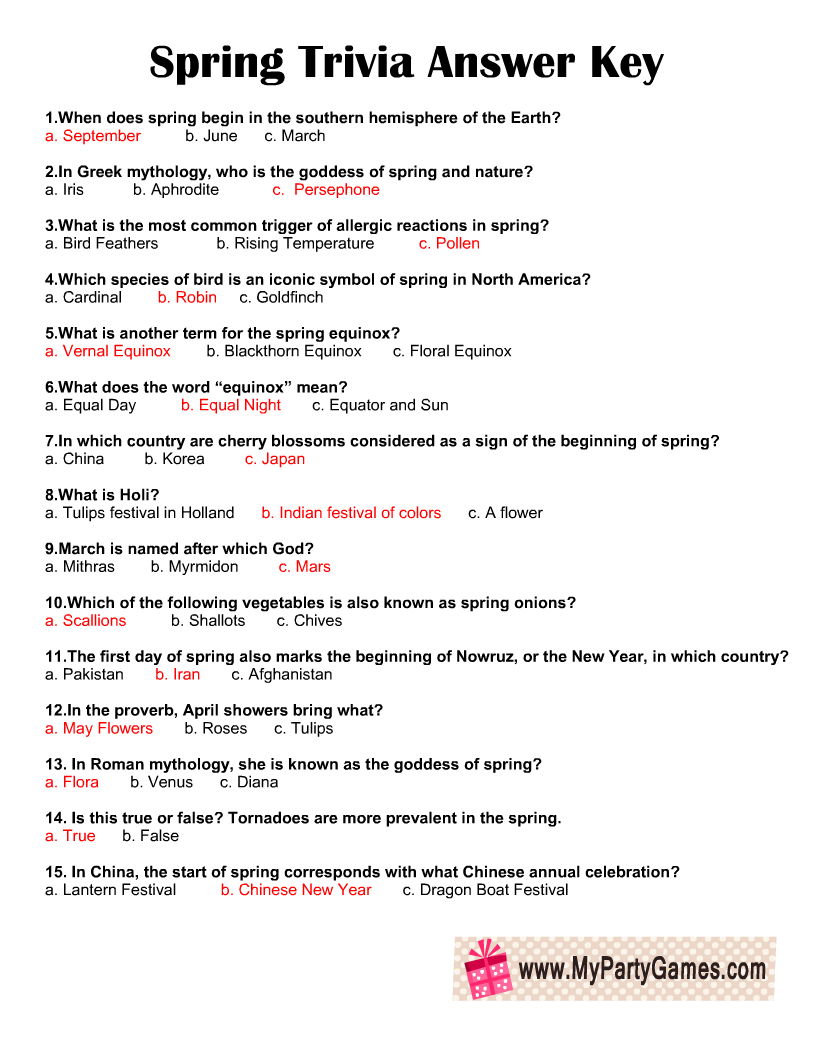 Printable Spring Quiz Questions Free