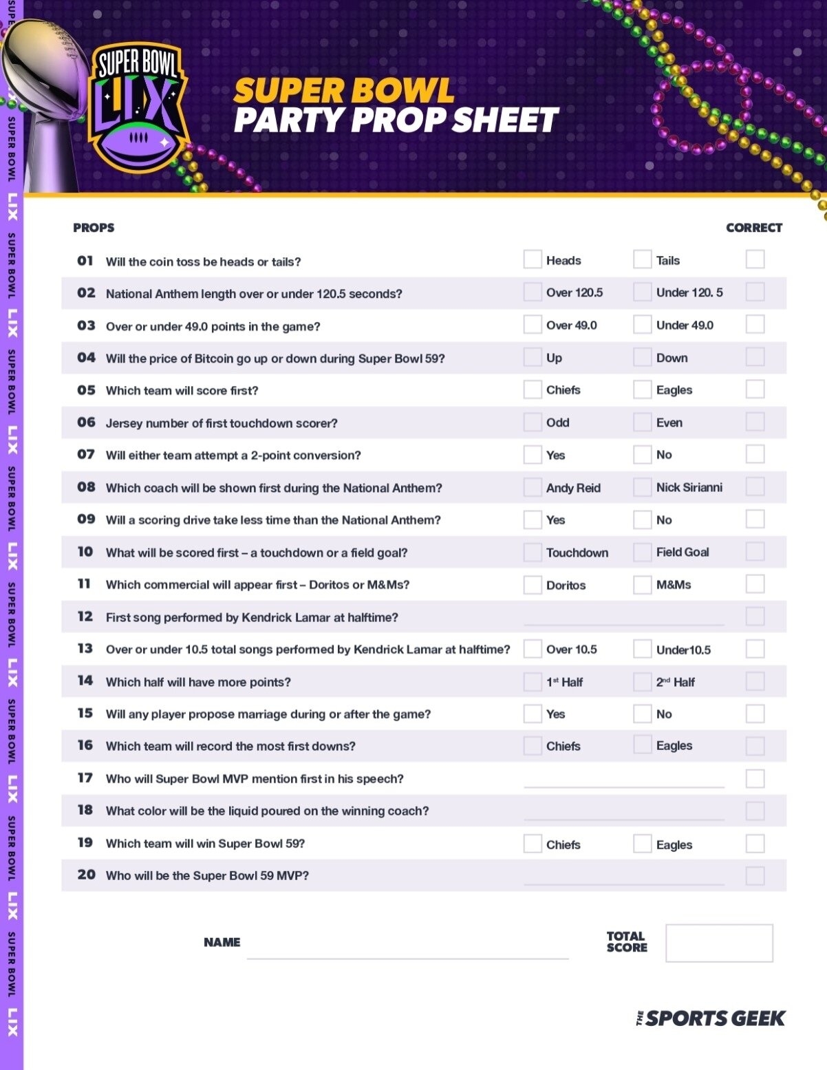 Free Super Bowl Prop Bet Sheet For 2025 Printable Free Super Bowl Prop Bet Sheet For 2025 Printable